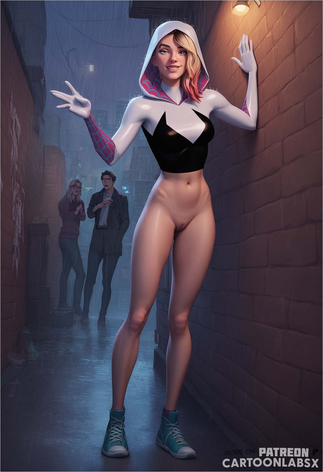 1girls, ai generated, athletic female, bottomless, bottomless female, cartoonlabsx, cartoony, casual, casual exposure, casual nudity, female, gwen stacy, gwen stacy (spider-verse), hero, heroine, light skin, light-skinned female, marvel, marvel comics, naked, naked female, nude, nude female, partially clothed, photo, photoshoot, posing, posing for picture, posing for the viewer, posing nude, public, public exposure, public indecency, public nudity, simple background, spider, spider-gwen, spider-man (series), spider-man:into the spider-verse, standing, straight, superheroine