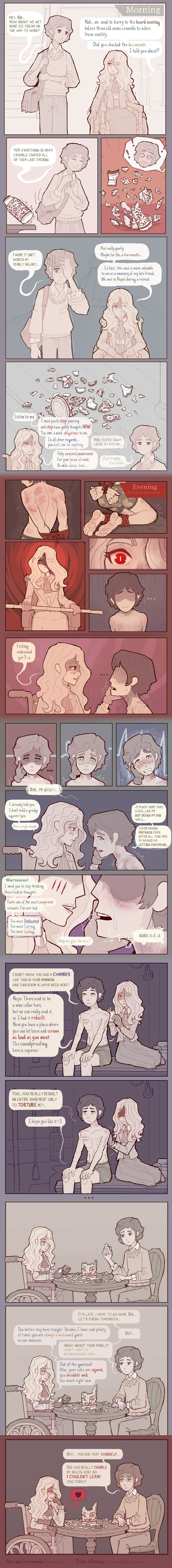 1boy 1girls abuse aristocrat bamboo beaten black_eyes blonde_female blonde_hair bondage bruise burn_scar caretaker caretaker_(kepchuk) comic crying dialogue disability disabled dominant dominant_female domination evil_smile female gloves kepchuk male men_in_pain no_sex pixel_art questionably_wholesome red_eyes scar scars shaded_face sibylla_(kepchuk) sitting submissive submissive_male tied_up vanilla wheelchair yandere