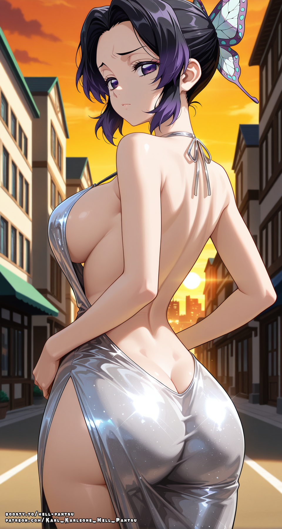1girls, ai female, ai generated, ass, ass focus, big breasts, black hair, breasts, butterfly hair ornament, color, colored, demon slayer, dress, female, hell-pantsu, hi res, kimetsu no yaiba, kochou shinobu, large breasts, multicolored hair, outdoors, purple eyes, purple hair, solo