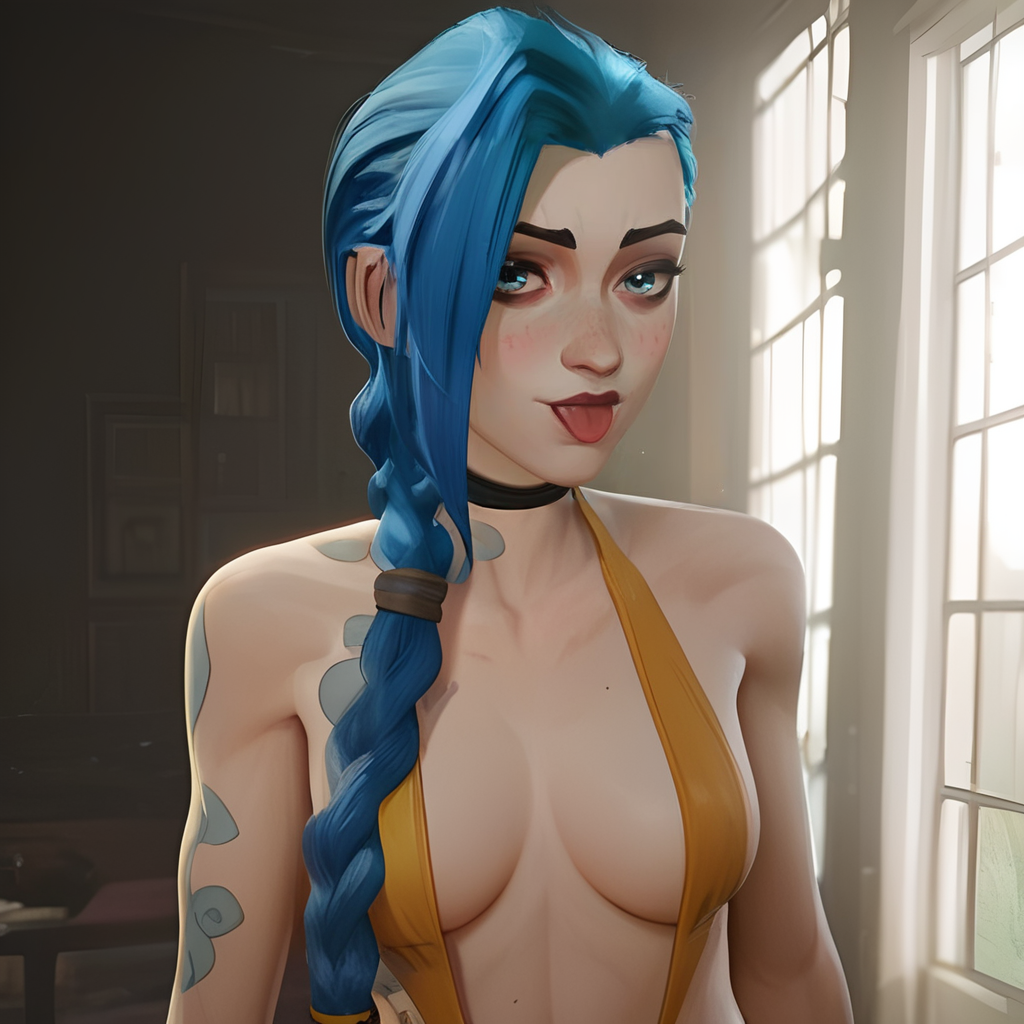 ai_generated arcane arcane:_league_of_legends arcane_jinx bedroom breasts female indoors jinx_(arcane) jinx_(league_of_legends) leotard looking_at_viewer medium_breasts tagme tongue tongue_out