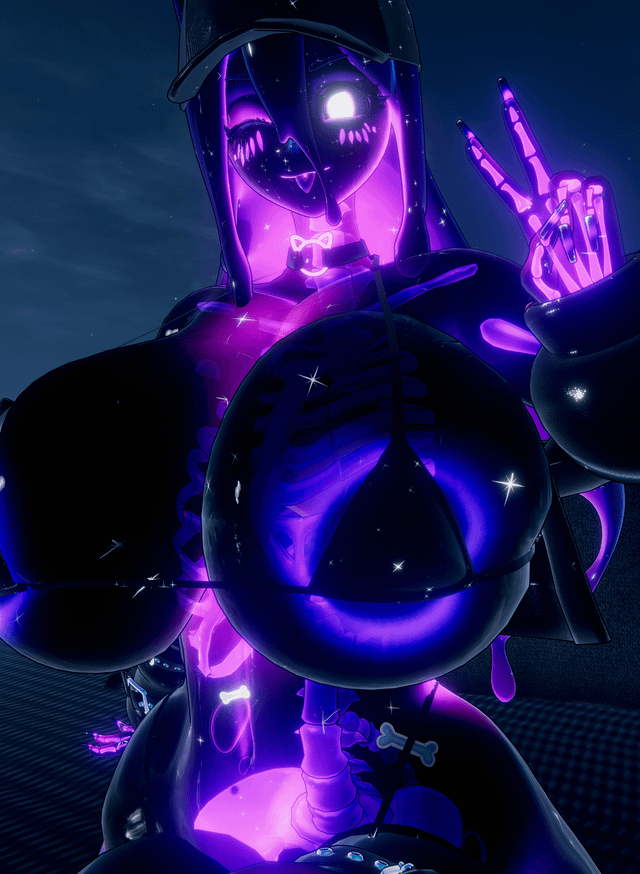 3d areola_slip big_breasts bikini bikini_top blush_lines breasts cap female glowing_eyes necklace one_eye_closed peace_sign pur_slime(bom39) skeleton skelly_jelly slime slime_girl solo visible_skeleton vrchat vrchat_avatar vrchat_media vrchat_model