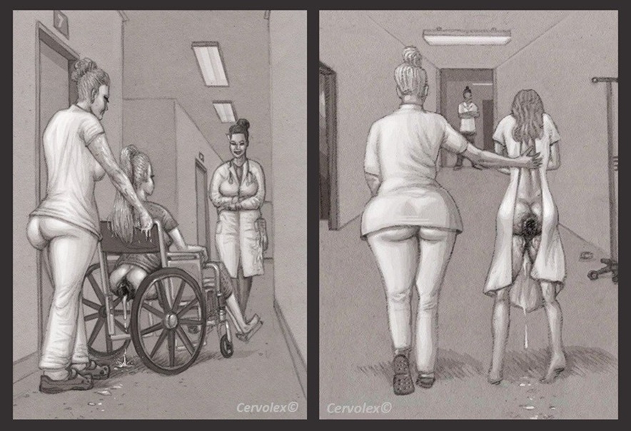 2 panel comic, after fisting, anal destruction, cervolex, clinic, exposed ass, gaping anus, hospital, hospital gown, leaking anus, monochrome, shoulder length gloves, signature, wheelchair