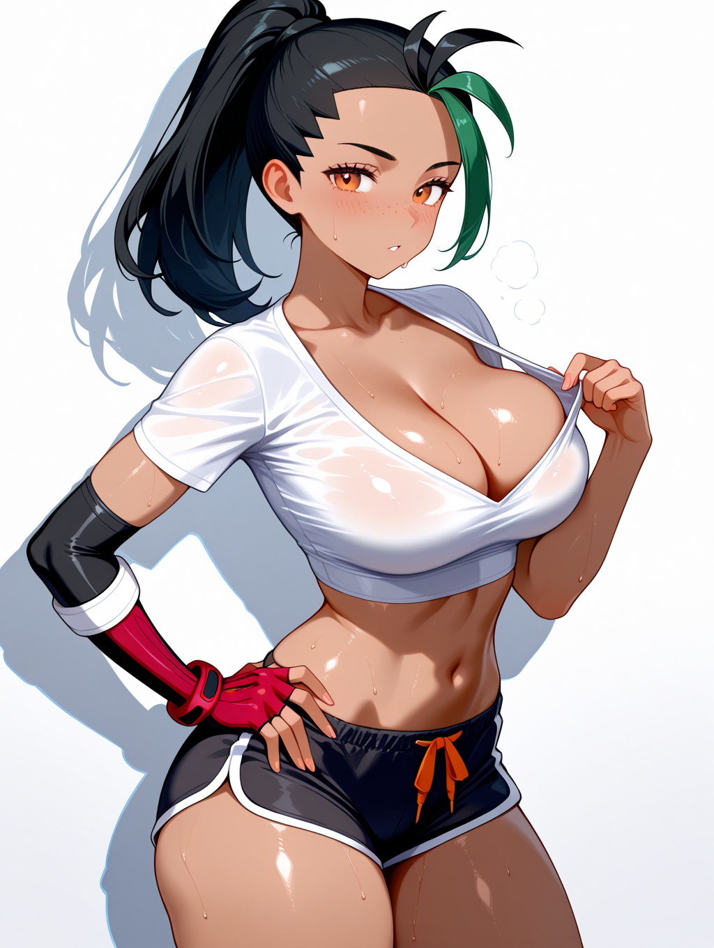 1girls, ai generated, black hair, cleavage, cowboy shot, crop top, dark hair, dark skin, dark-skinned female, dolphin shorts, drop shadow, female, female only, fingerless gloves, freckles, gloves, hand on hip, midriff, nemona (pokemon), nintendo, one hand on hip, plain background, pokemon, ponytail, pulling clothing, scarletai , shadow, short sleeves, shorts, simple background, single glove, solo, stable diffusion, standing, streaked hair, sweatdrop, sweating, tight clothing, tight fit, white background