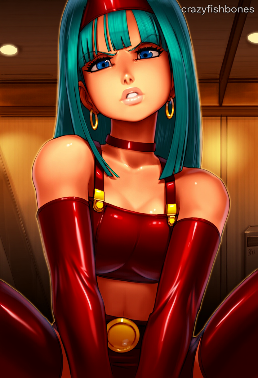 2025 ai_generated artist_name blue_eyes bra_(dragon_ball) breasts choker crazyfishbones earrings elbow_gloves female gloves jewelry long_hair solo