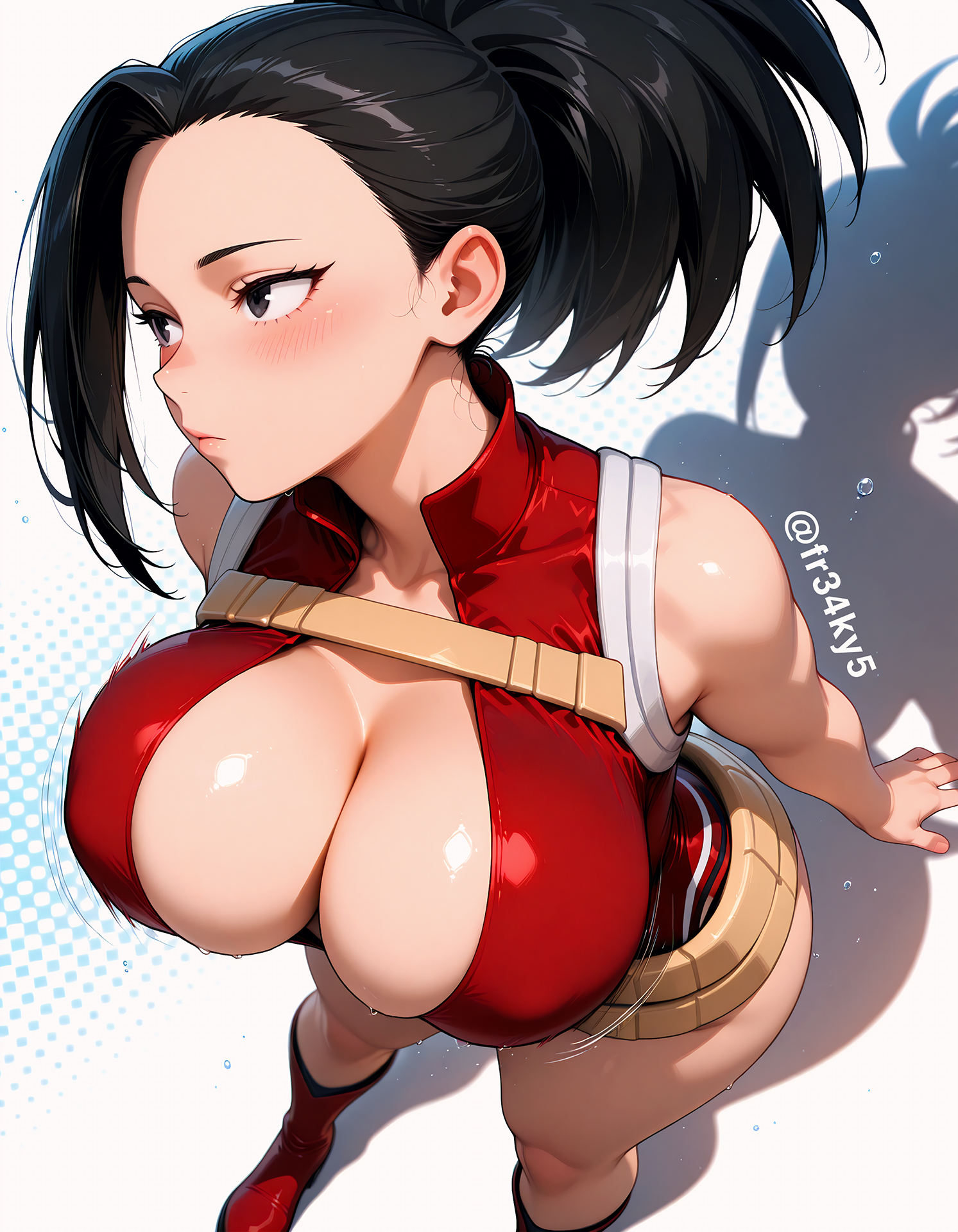 1girls, ai generated, bent over, black hair, black-haired female, boku no hero academia, breasts, cleavage, female, fr34ky, hero outfit (mha), huge breasts, leotard, momo yaoyorozu, my hero academia, superheroine