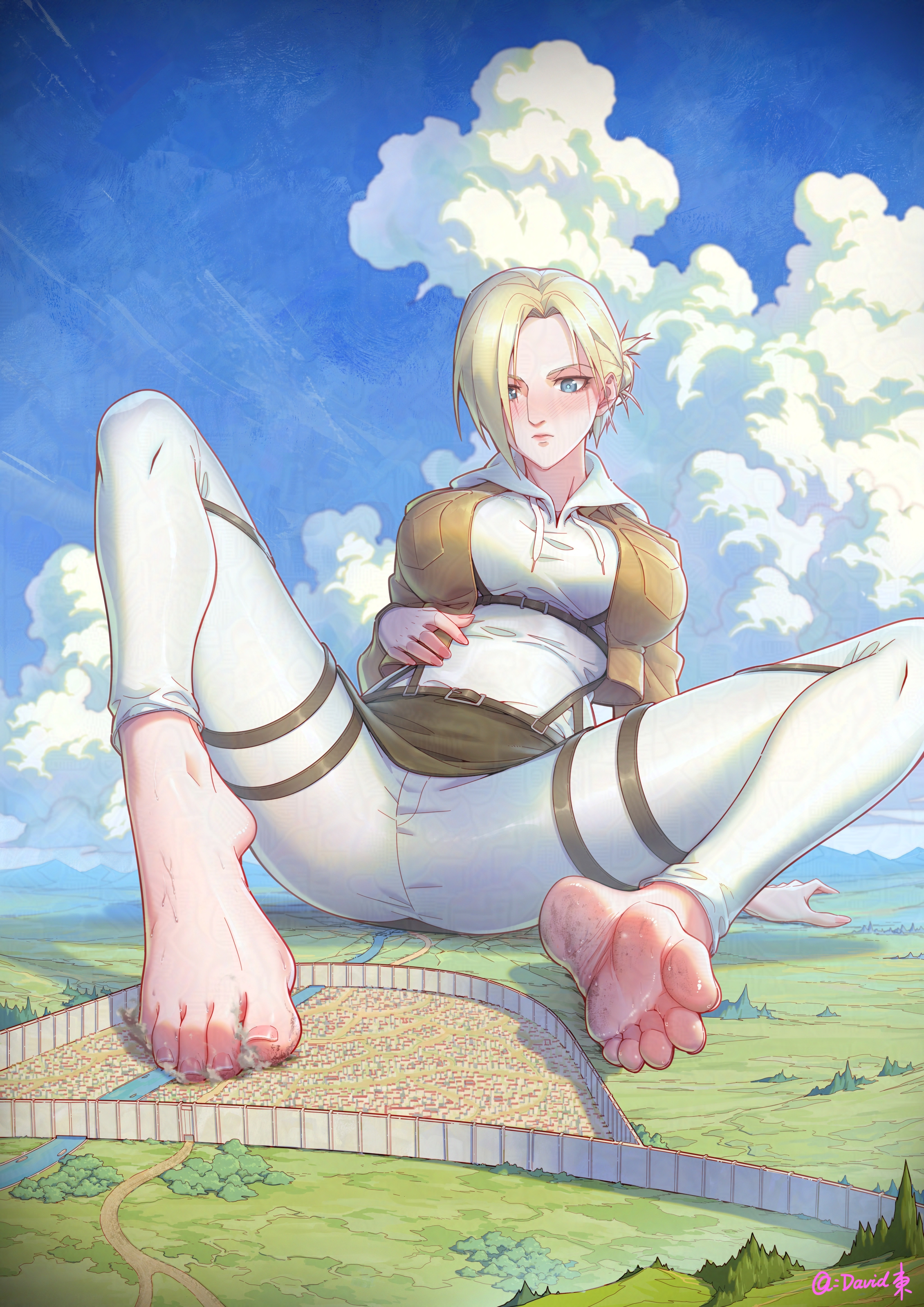 1girls, 2025, 2d, annie leonhardt, attack on titan, bare feet, bare foot, barefeet, barefoot, big breasts, blonde female, blonde hair, blonde-haired female, blue eyes, blue-eyed female, blush, breasts, city, city destruction, clothed, clothed female, commission, david96054182, destruction, feet focus, female, female focus, female only, foot focus, giant female, giant woman, giantess, huge boobs, huge breasts, hyper giantess, imminent destruction, light skin, light-skinned female, looking down, macro, macro female, macrophilia, neutral expression, shingeki no kyojin, sitting, solo, solo focus