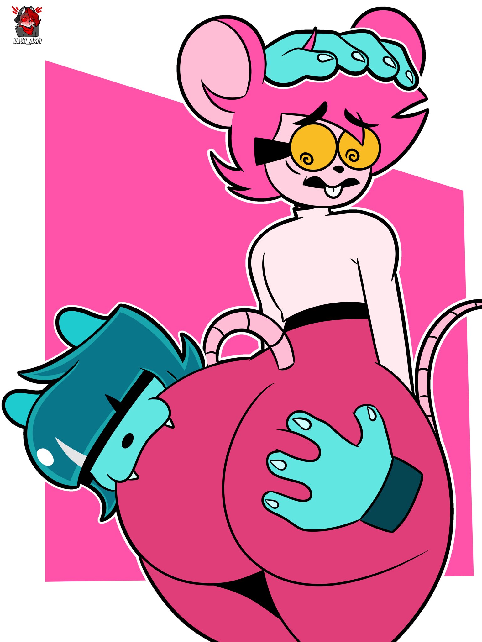 anthro, ass, bubble ass, bubble butt, felid, feline, fuchsia hair, goommy (goommymuffin), goommymuffin, muffin (goommymuffin), murid, pink fur, simple background, standing sex, twitter username, vash art
