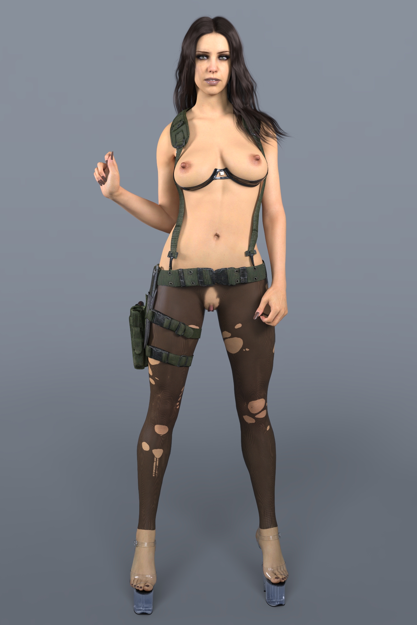1girls, 3d, breasts, breasts out, daz studio, female, female only, full body, hair down, hairless pussy, high heels, long fingernails, long nails, metal gear solid v, nail polish, painted fingernails, painted nails, pantyhose, platform heels, pussy, pussy cutout, quiet (metal gear), solo, torn pantyhose, transparent high heels, zauselzaus