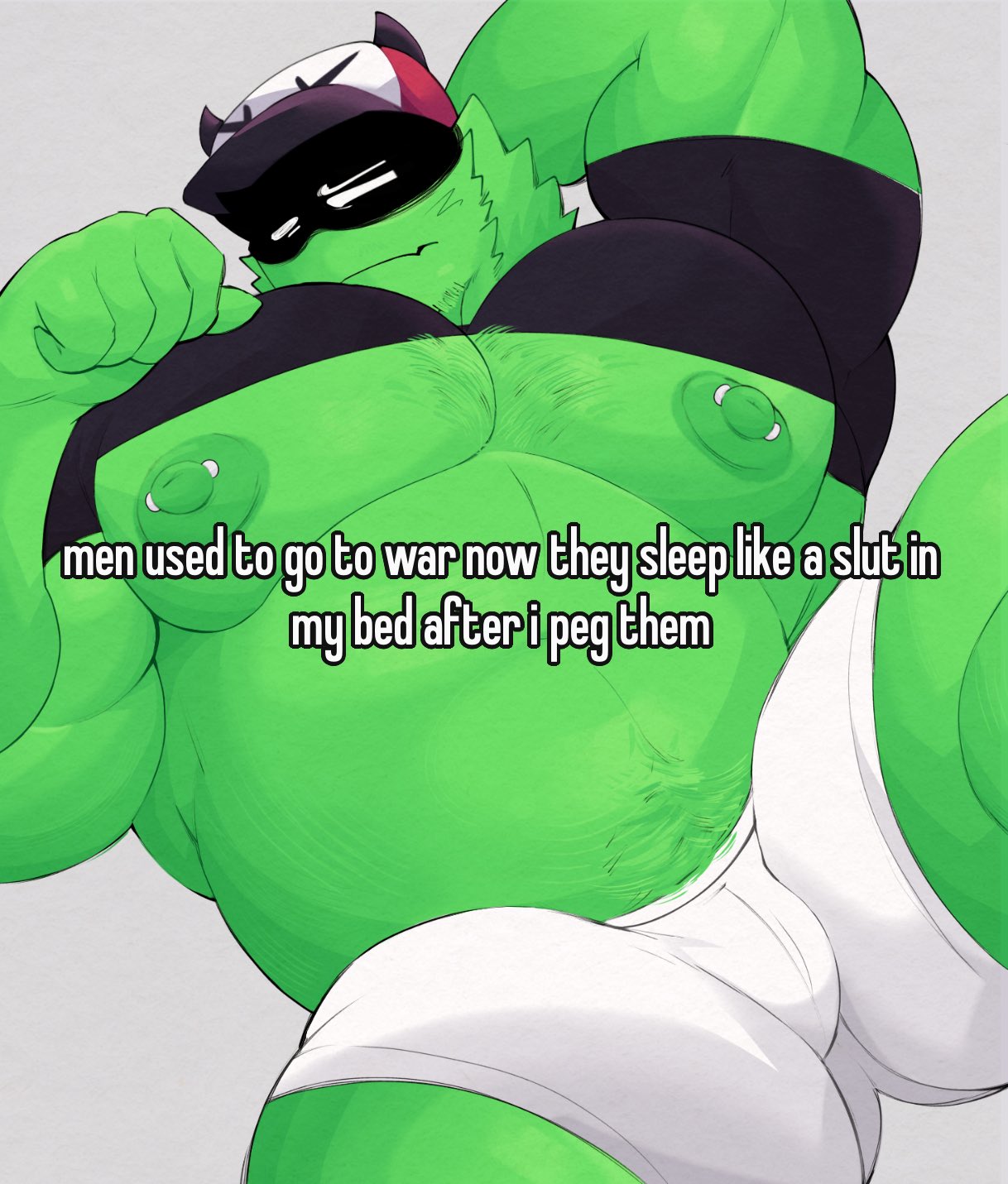 1boy, bara, big pecs, clothing, cryptid crush, english text, green body, green skin, madhouse (cryptid crush), male, male only, mentholplug, mthojunkyf, muscular, muscular male, nipples, partially clothed, pecs, presenting, solo, solo focus, text, yaoi