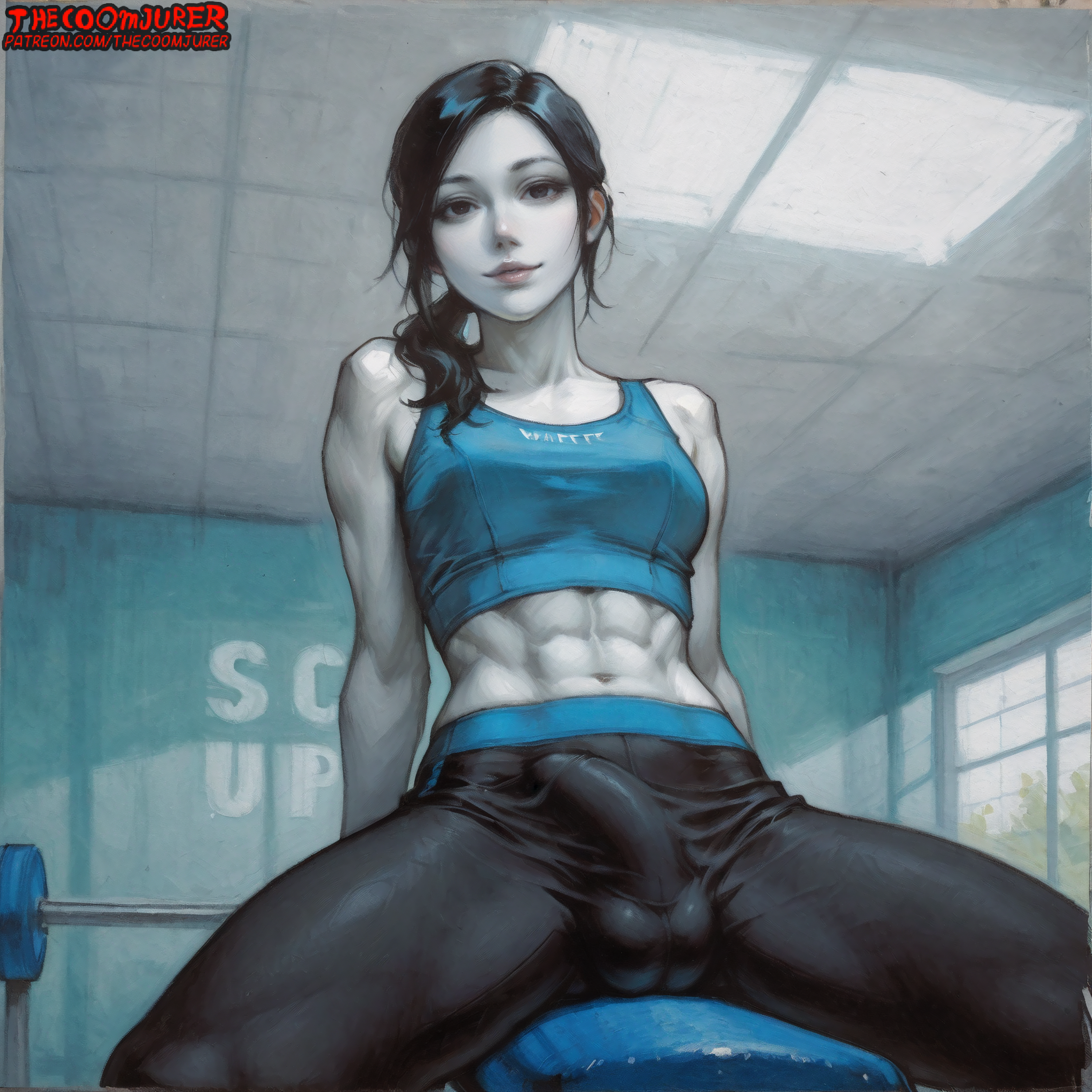 1futa, 1girls, abs, absurd res, absurdres, ai assisted, ai generated, black hair, bulge, bulge through clothing, dickgirl, erection, erection under clothes, female, futa sans pussy, futanari, hand on hip, high resolution, highres, intersex, light skin, light-skinned female, looking at viewer, low-angle view, muscular, muscular female, muscular futa, pale skin, pale-skinned female, pale-skinned futa, ponytail, sitting, solo futa, sports bra, sportswear, spread legs, sweat, sweatdrop, sweating, thecoomjurer, toned, toned body, toned female, toned futa, wii fit, wii fit trainer