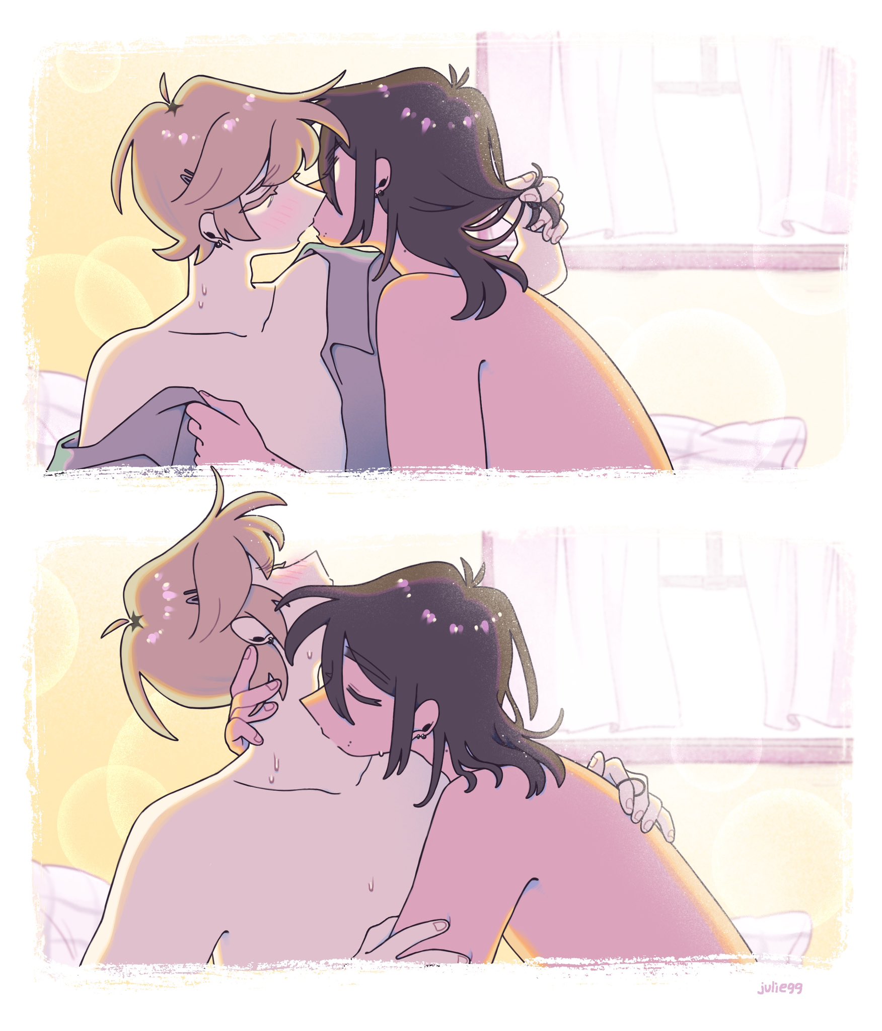 2boys, ahoge, anticipation, arm around partner, arm grab, artist name, blonde hair, blush, brown hair, closed eyes, color, comic, earrings, eyes visible through hair, grey shirt, hair down, hair ornament, hair tie, hairclip, half-closed eyes, hand in another's hair, hand on another's arm, imminent sex, juliegg, kissing, kissing neck, kouta (juliegg), lighting, long hair, looking at another, male, mole, mole on neck, mole under mouth, original, romantic, romantic couple, rui (juliegg), saliva, saliva string, shirtless, side view, sweat, sweatdrop, undressing, undressing another, watermark, white border, wholesome, yaoi