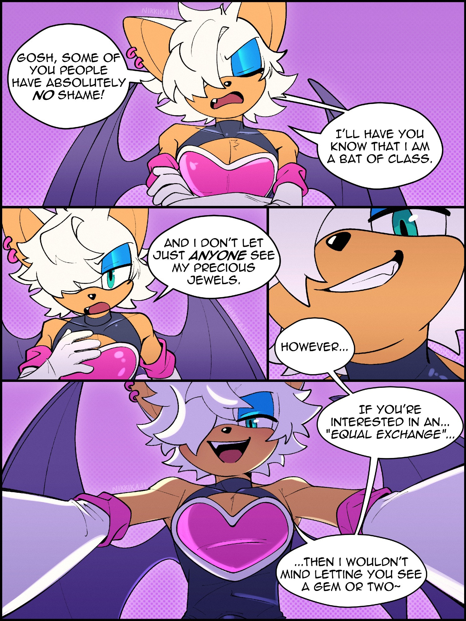 1boy, 2d, 2d (artwork), anthro, aroused, bedroom eyes, brat, comic, dialogue, femboy, feminine male, genderswap, genderswap (ftm), girly, hi res, makeup, male, male only, male rouge, nikkikaji, on top, pov, pov eye contact, rouge the bat, rouge the bat (nikkikaji), rule 63, seductive, sonic (series), sonic the hedgehog (series), teasing, text bubble