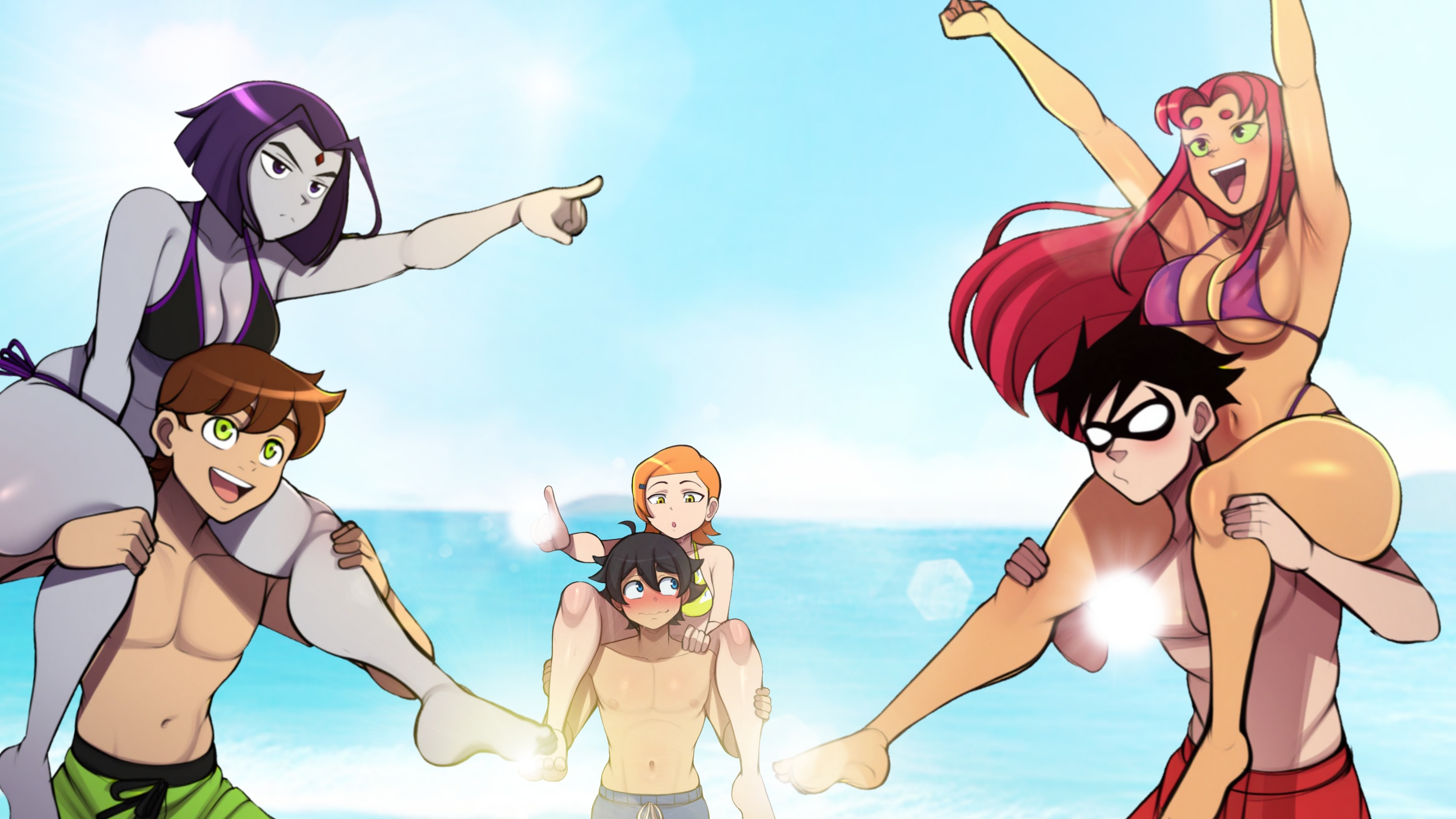 2025, 2d, 2d (artwork), 2d artwork, 3boys, 3girls, beach, ben 10, ben 10 alien force, ben 10 ultimate alien, ben tennyson, bikini, bikini bottom, bikini top, black hair, black-haired female, brown hair, carrying over shoulder, carrying partner, cleavage, crossover, dc, dc comics, dick grayson, digital drawing (artwork), digital media (artwork), fanart, female, female on top, green eyes, gwen tennyson, gwen tennyson (classic), human, jon-el, jonathan kent, koriand'r, male, multiple boys, multiple females, multiple girls, multiple males, ocean, orange hair, orange-haired female, purple hair, purple-haired female, raven (dc), red hair, red-haired female, robin (dc), robin (dick grayson), starfire, superboy, superboy (jonathan kent), superman (series), swimming trunks, teen titans, thebenravenagenda