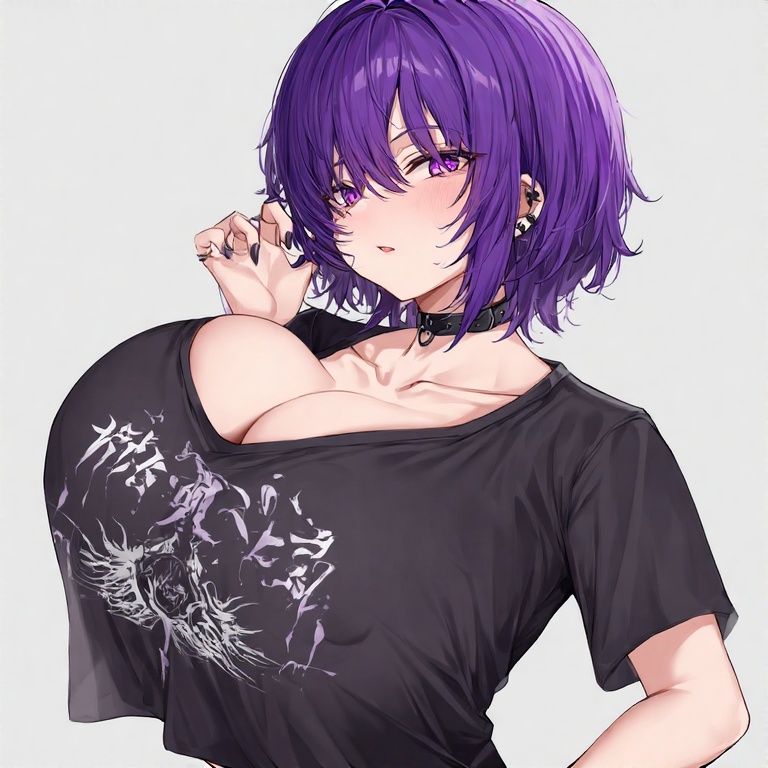1girls ai_generated big_breasts black_clothing black_nails choker cleavage emo emo_girl female female_only huge_breasts massive_breasts nail_polish original original_character perchance_ai purple_eyes purple_hair self_upload short_hair tagme