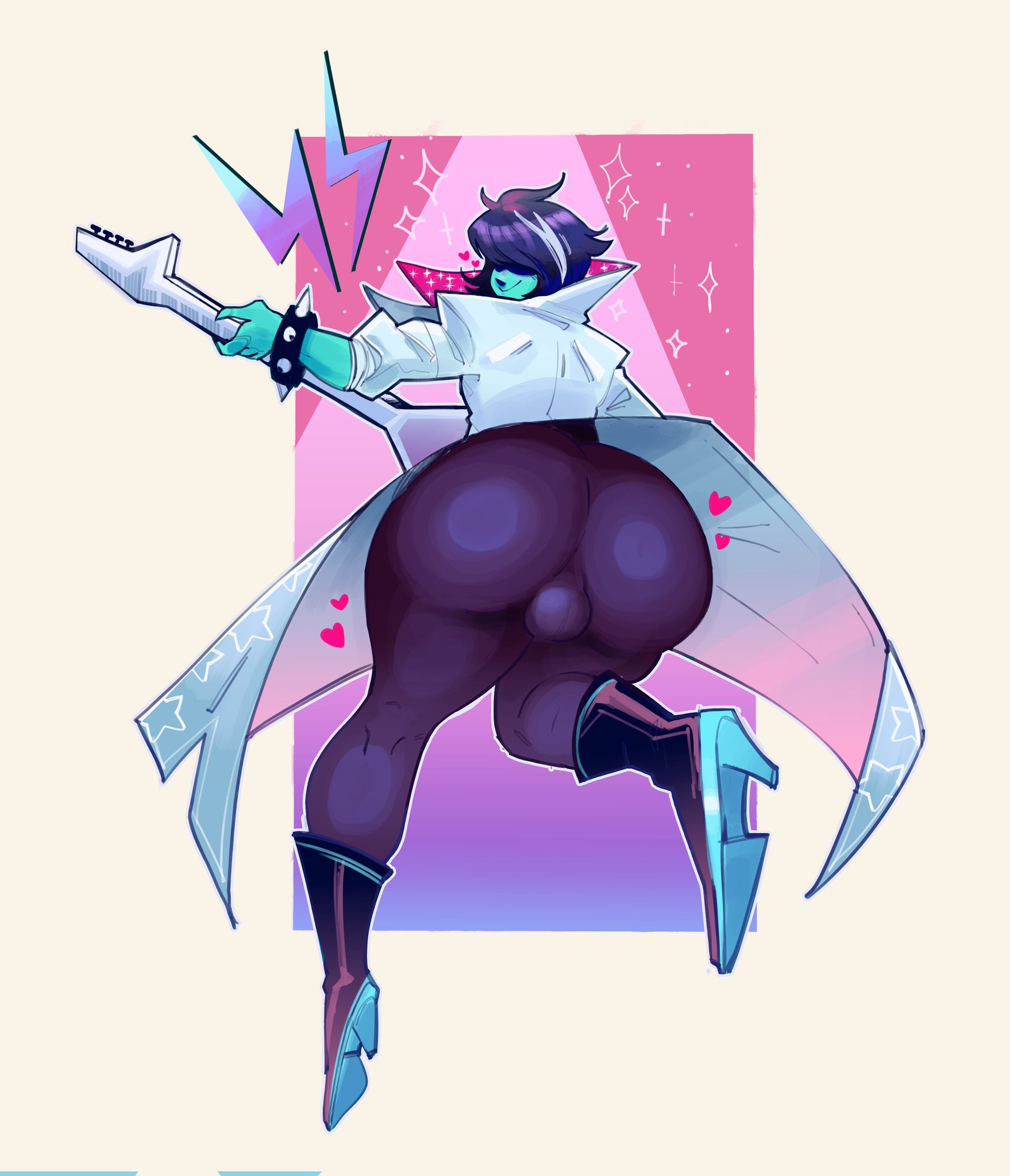 1boy, 2d, artist request, ass, blue skin, bulge, deltarune, deltarune chapter 3, guitar, heart, hearts around body, heel boots, heels, kris (deltarune), large ass, love hearts, male, pantyhose, pantyhose bulge, presenting hindquarters, pretty boy, rockstar, rockstar kris, sparkles