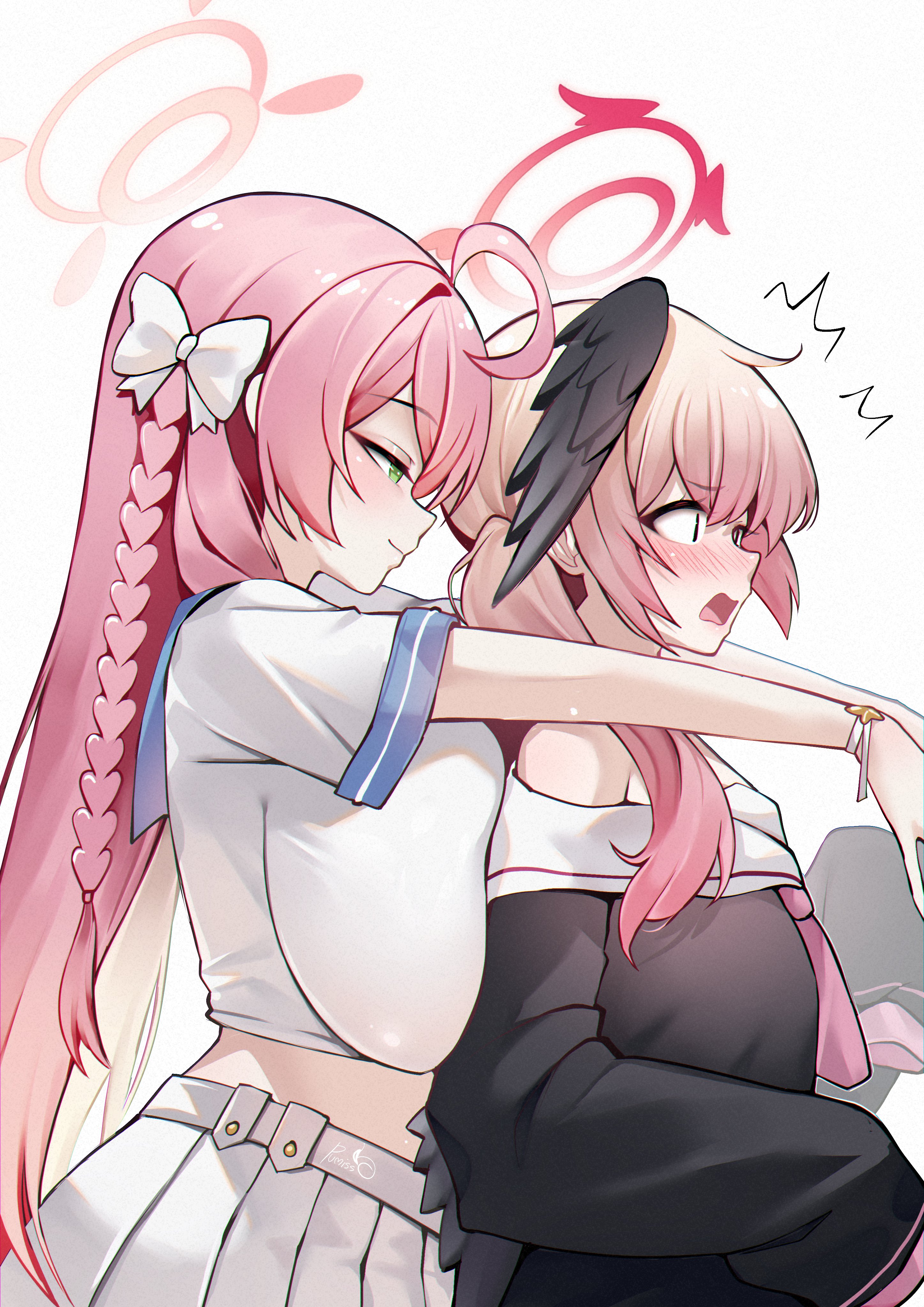 ^^^, 2girls, blue archive, blush, breast press, breasts, female, flat chest, from side, fully clothed, gigantic breasts, half-closed eyes, hanako (blue archive), hugging, hugging from behind, koharu (blue archive), make-up work club (blue archive), multiple females, multiple girls, pumiss, shocked, slit pupils, smile, trinity general school student