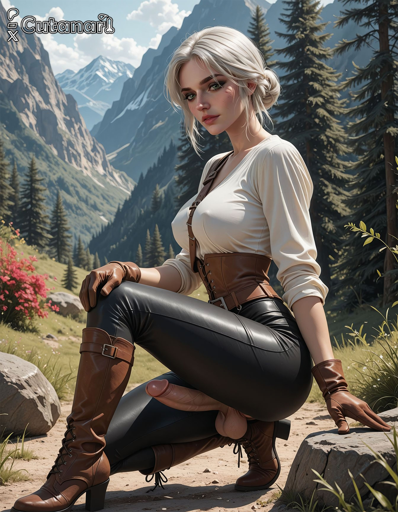 1futa, abs, ai generated, balls, big balls, big breasts, breasts, ciri, curvy, cutanari, dickgirl, futa only, futa sans pussy, futanari, intersex, looking at viewer, nipples, nude, penis, perfect body, ready to fuck, small waist, smile, solo, tan skin, testicles, the witcher (series), the witcher 3: wild hunt