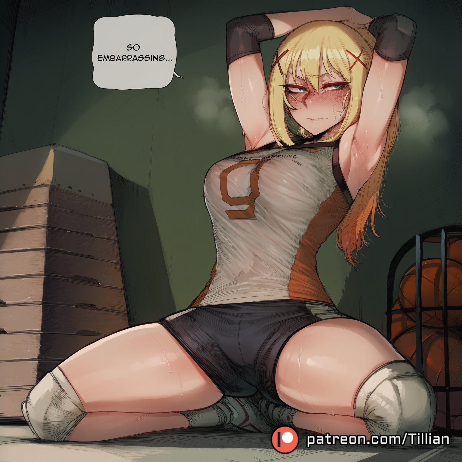 ai generated, armpits, arms up, bangs, basketball, blonde hair, blue eyes, blush, breasts, closed mouth, covered nipples, darkness (konosuba), elbow pads, english text, female, hair between eyes, hair ornament, indoors, knee pads, kneeling, kono subarashii sekai ni shukufuku wo!, konosuba, large breasts, long hair, patreon logo, patreon username, ponytail, shorts, solo, speech bubble, sportswear, sweat, thighs, tillian, volleyball, volleyball uniform, web address, x hair ornament