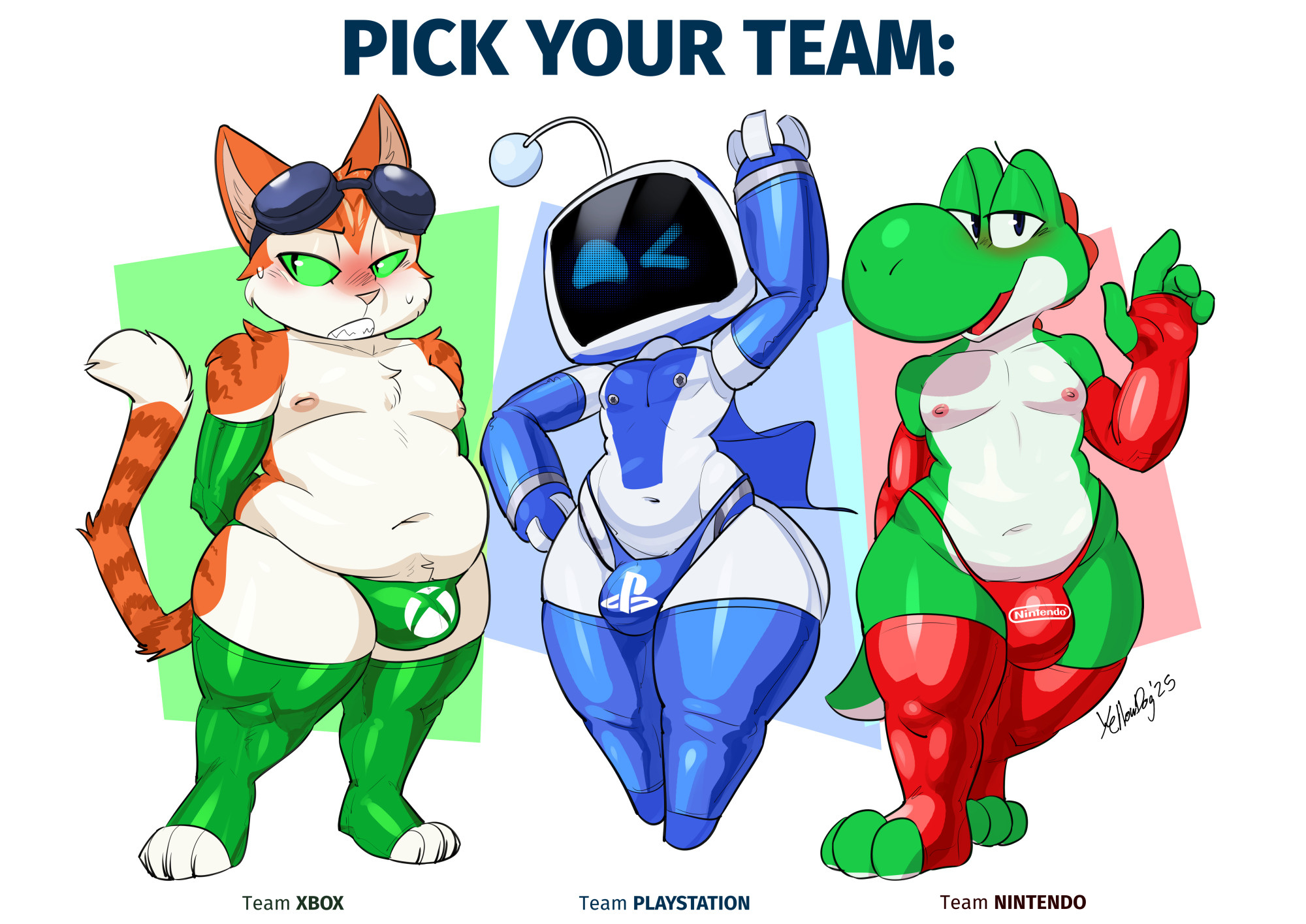 2025, 3boys, anthro, artbyyellowdog, astro (astro bot), astro bot (series), blinx, blinx the time sweeper, blush, blushing, bulge, cat, crossdressing, dinosaur, feline, gay, gay male, latex, latex gloves, latex legwear, latex panties, latex thighhighs, male, male only, mario (series), nintendo, panty bulge, playstation, robot, robot boy, super mario bros., tagme, trio, trio focus, trio male, xbox, yoshi
