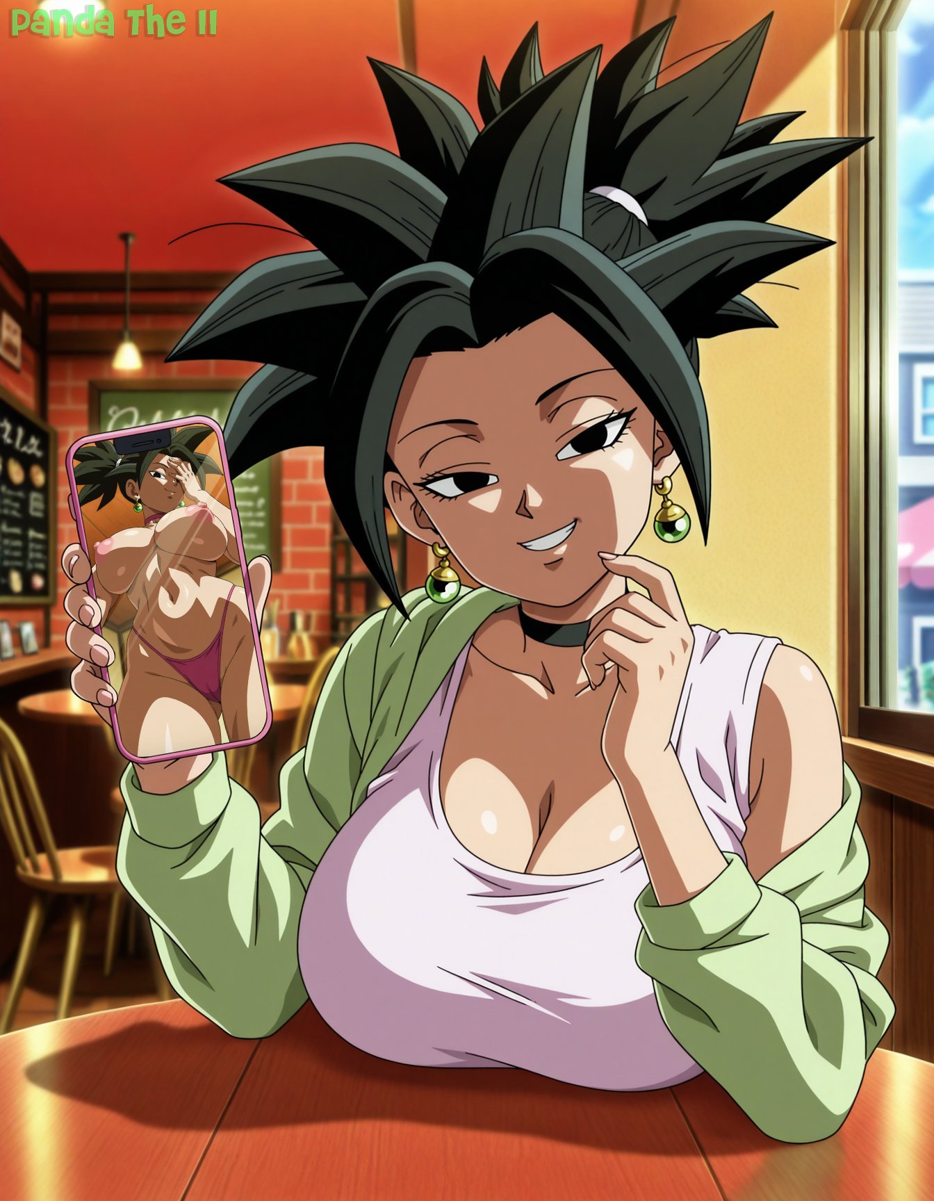 1girls ai_generated alternate_costume arm_support black_eyes black_hair cafe cafeteria casual_clothes caulifla cellphone chair date dragon_ball dragon_ball_super earrings exhibitionism female female_focus female_only flashing flashing_breasts fusion fusion_character grin holding_object jacket kale kefla looking_at_viewer naughty naughty_face naughty_smile no_bra off_shoulder open_clothes open_shirt panda_ai ponytail potara_earrings pov presenting presenting_breasts saiyan sassy sending_nudes shirt showing_breasts showing_off showing_phone sitting sitting_on_chair smile smug solo table tank_top teasing teasing_viewer text thighs uncensored undressing viewer_pov watermark