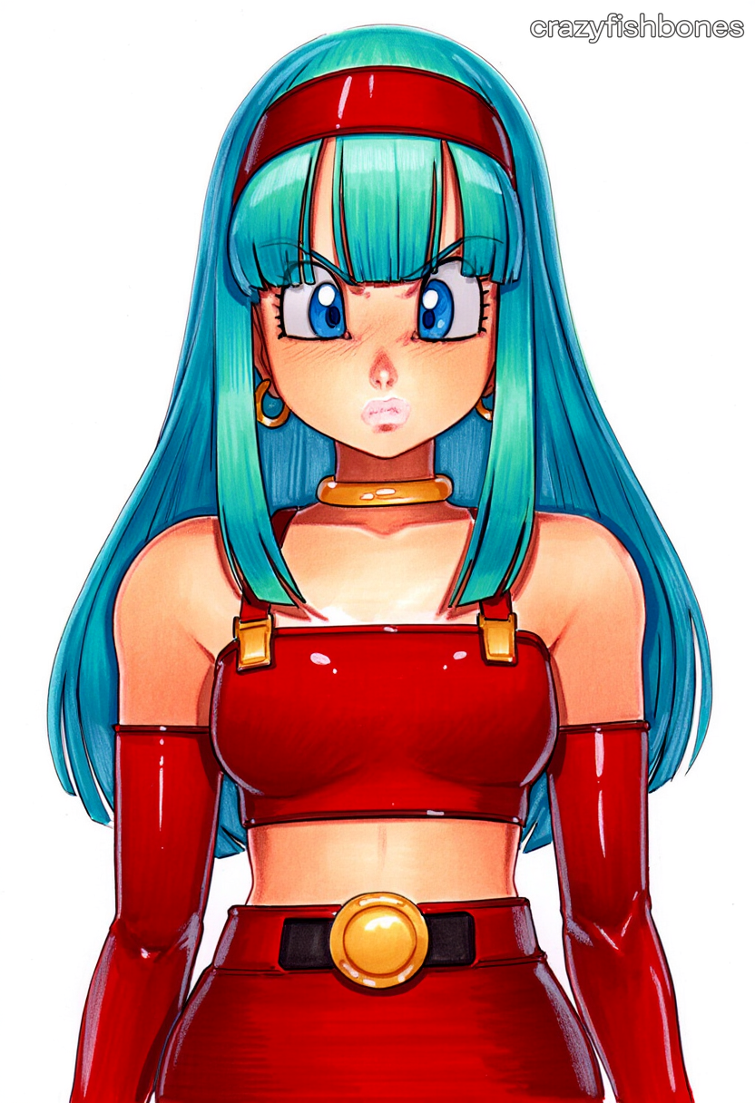 2025 ai_generated artist_name blue_eyes blue_hair bra_(dragon_ball) choker crazyfishbones elbow_gloves female gloves hairband long_hair simple_background solo