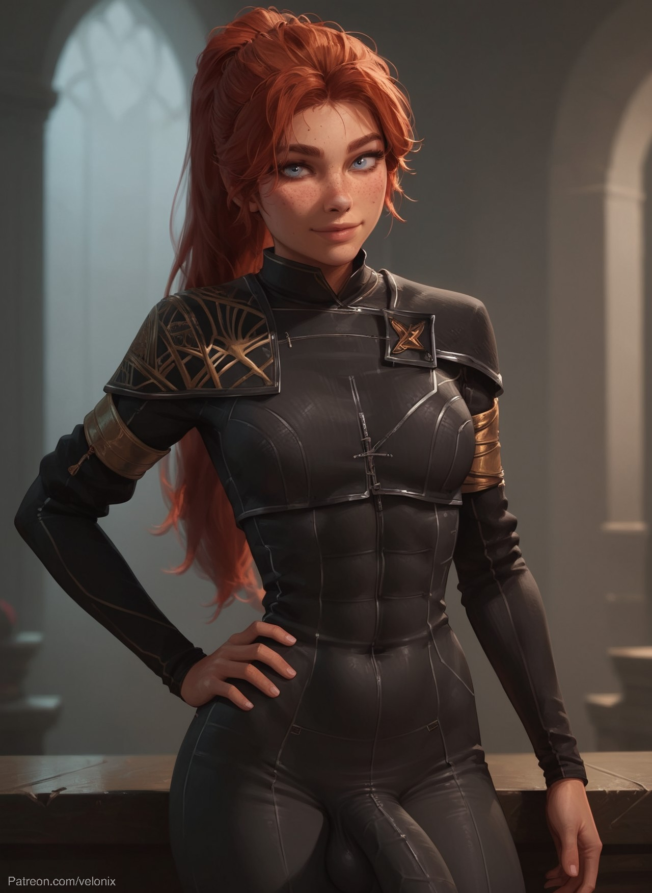 1futa, ai generated, armor, armored female, ass, balls, big ass, big breasts, big butt, big hips, big penis, black clothes, black clothing, blue eyes, breasts, clair obscur: expedition 33, cleavage, clothed, clothing, dick, dickgirl, eyebrows, eyelashes, female, futa only, futanari, grin, grinning, grinning at viewer, hair, hands-free, huge cock, indoors, intersex, light blue eyes, light red hair, lips, long hair, looking at viewer, maelle (clair obscur: expedition 33), makeup, medium ass, medium breasted futa, medium breasts, narrow waist, narrowed eyes, nose, penis, petite, petite female, ponytail, realistic breast size, red hair, redhead, redheaded futa, seducing, seductive, seductive eyes, seductive gaze, seductive look, seductive mouth, seductive pose, seductive smile, sidelocks, slim, slim female, slim waist, small ass, small breasted futa, small breasts, smile, smile at viewer, smiley face, smooth balls, smooth penis, smooth skin, solo, solo dickgirl, solo focus, solo futa, testicles, tight clothing, tight fit, velonix