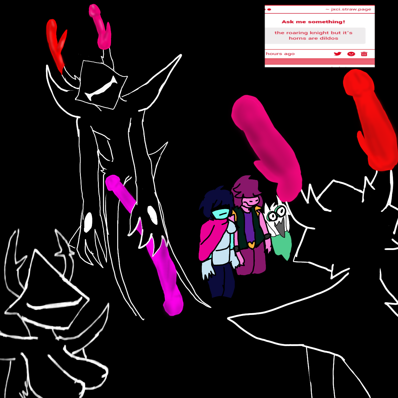 breasts, deltarune, deltarune chapter 3, dildo, dildo in hand, female, funny, ibispaintx, jxci, kris (deltarune), ralsei, ralsei with white fur, roaring knight, self upload, shitpost, strawpage request, susie (deltarune), undertale (series), video game character, video games