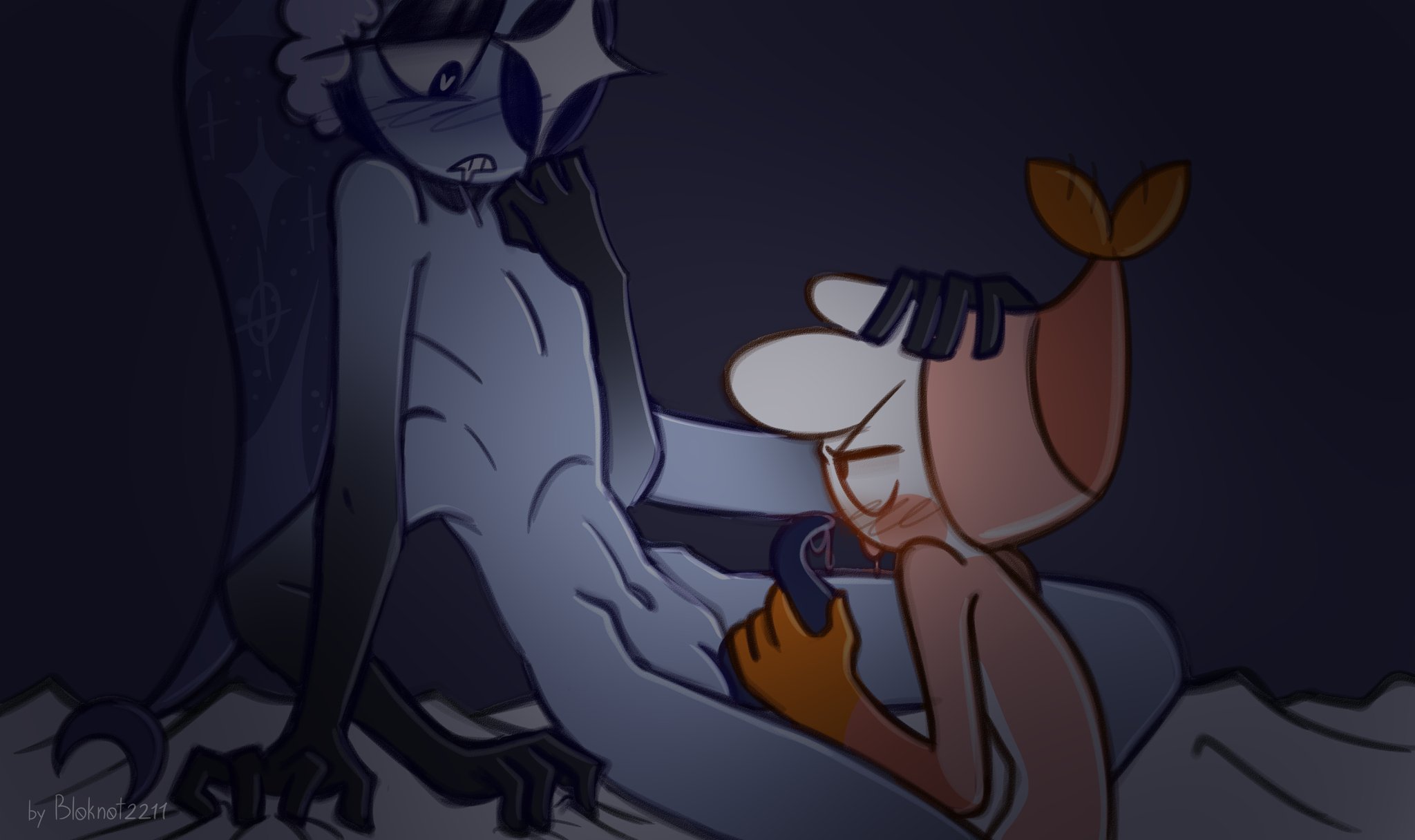 4 arms, astro (dandy's world), bloknot2211, blowjob, blush, dandy's world, drooling, gay, gay sex, male, multi arm, multi limb, on bed, shrimpo (dandy's world), yaoi