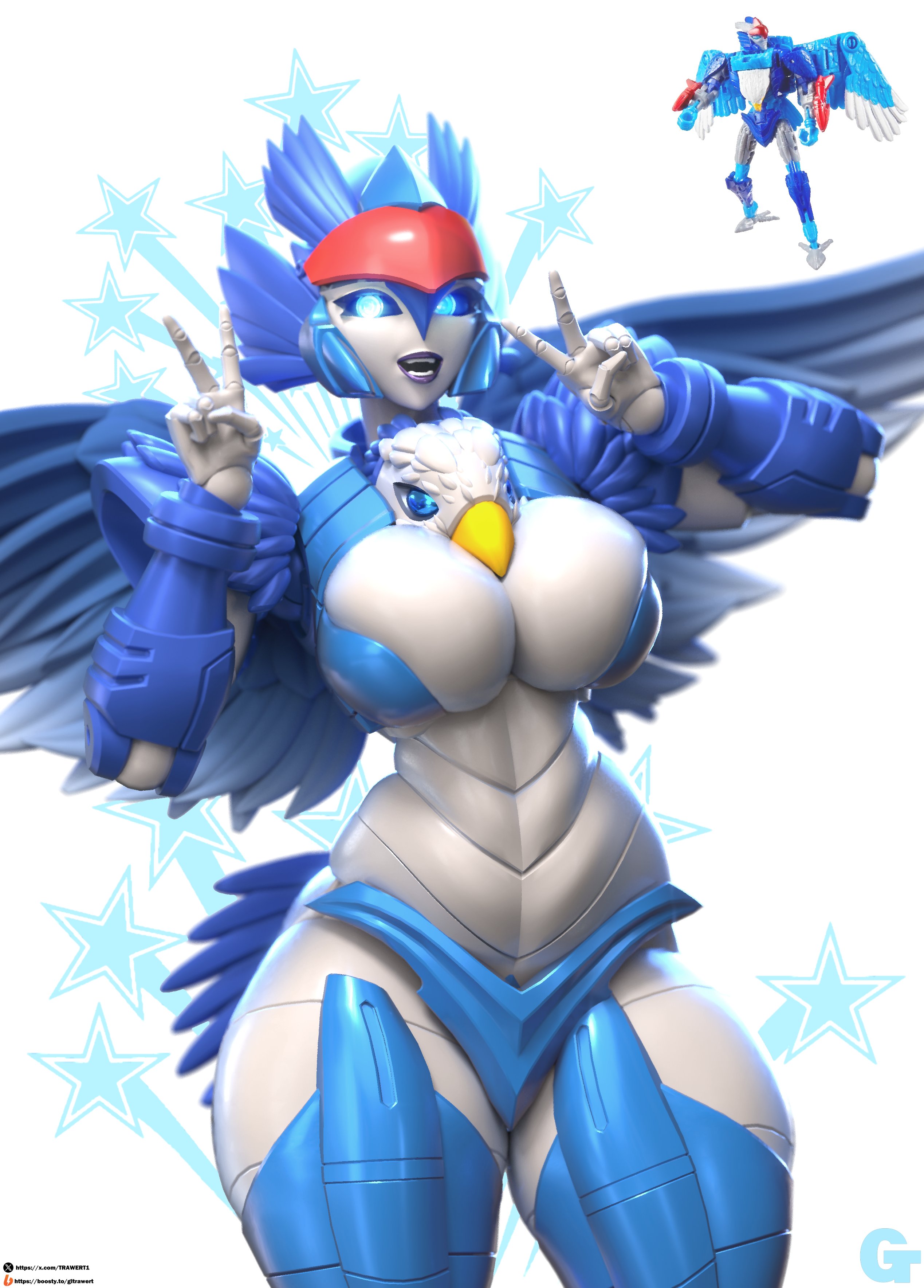 1girls, 3d, big breasts, double peace sign, peace sign, robot, robot girl, solo, star eagle, transformers, trawert