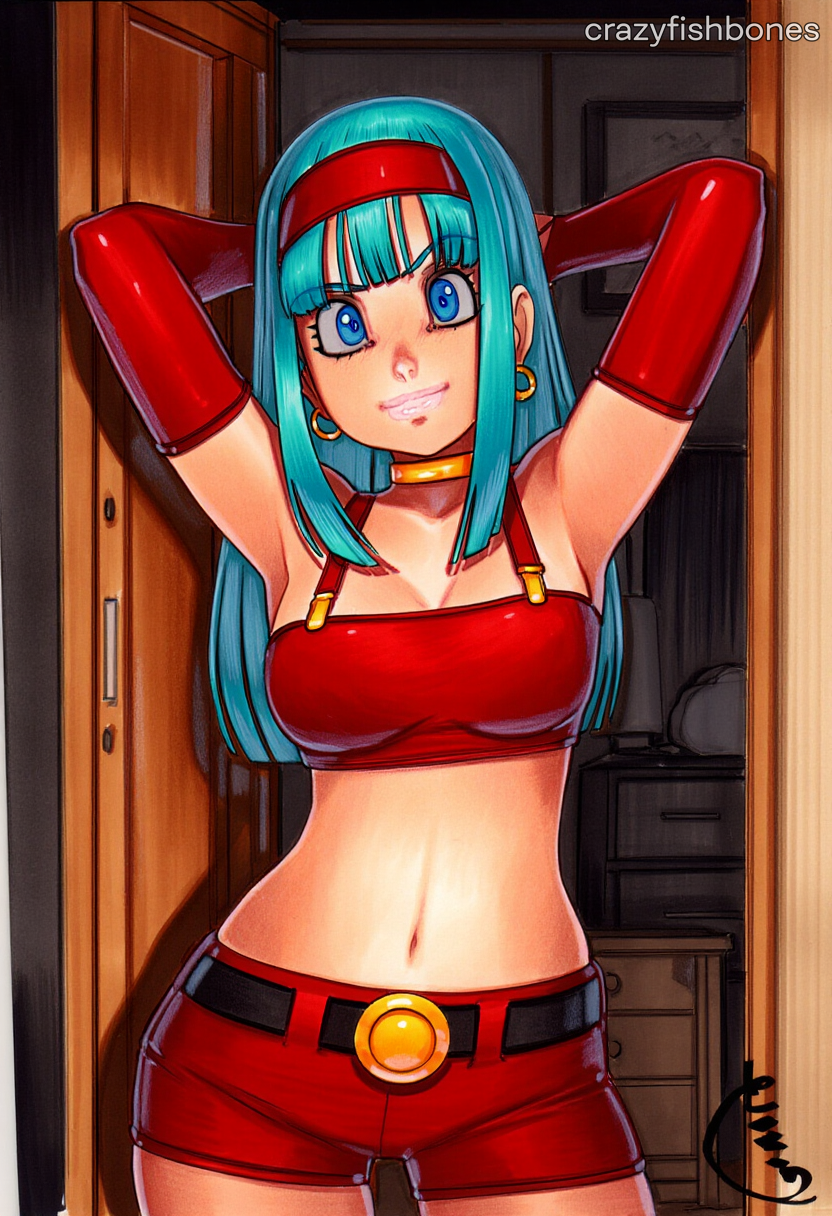 2025 ai_generated armpits artist_name blue_hair bra_(dragon_ball) breasts crazyfishbones elbow_gloves female gloves long_hair midriff navel solo