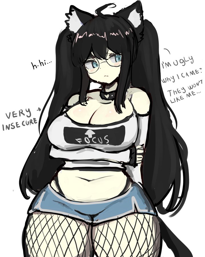 1girls, 2025, ahoge, big breasts, big thighs, black hair, black nails, black thong, blue eyes, booty shorts, breasts, cat ears, cat girl, catgirl, choker, chubby, chubby female, cleavage, crop top, dolphin shorts, female, female only, fishnet legwear, fishnets, glasses, large breasts, light blue eyes, light skin, light-skinned female, melink (artist), nails painted, original, original character, shy, solo, solo female, tail, thick thighs, thong, twintails, white background