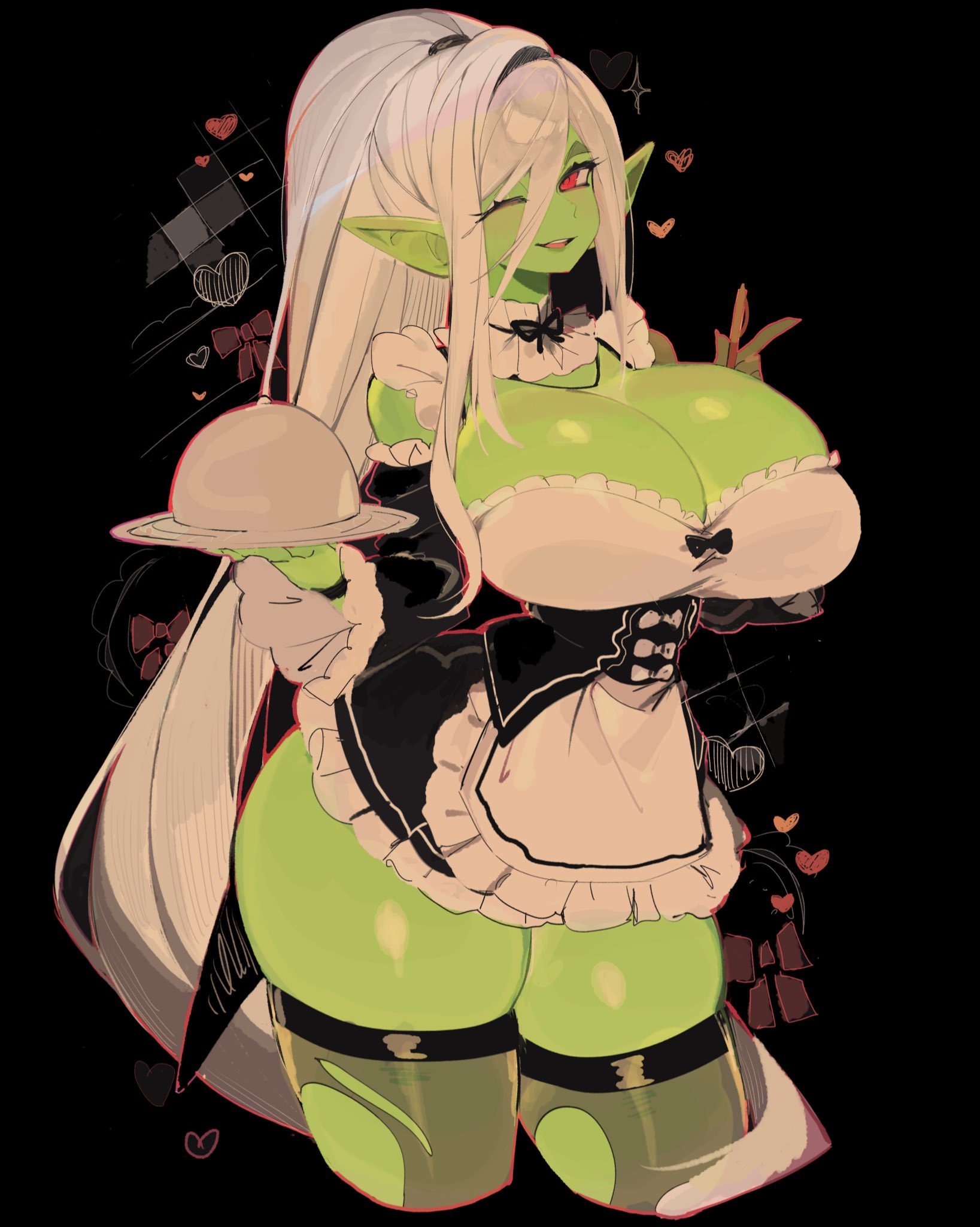 apron, black background, blush, comission, detached sleeves, elf, goblin, green skin, hug1girl, huge breasts, maid, one eye closed, open mouth, pointy ears, red eyes, smile, thighhighs, torn clothes, torn thighhighs, tray, usa37107692, v, white background