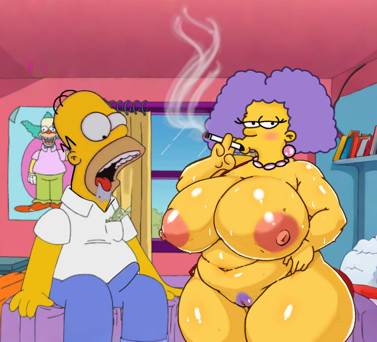 big breasts, breasts, edit, female, homer simpson, naked, selma bouvier, smoking, tagme, terry lobo, the simpson, the simpsons