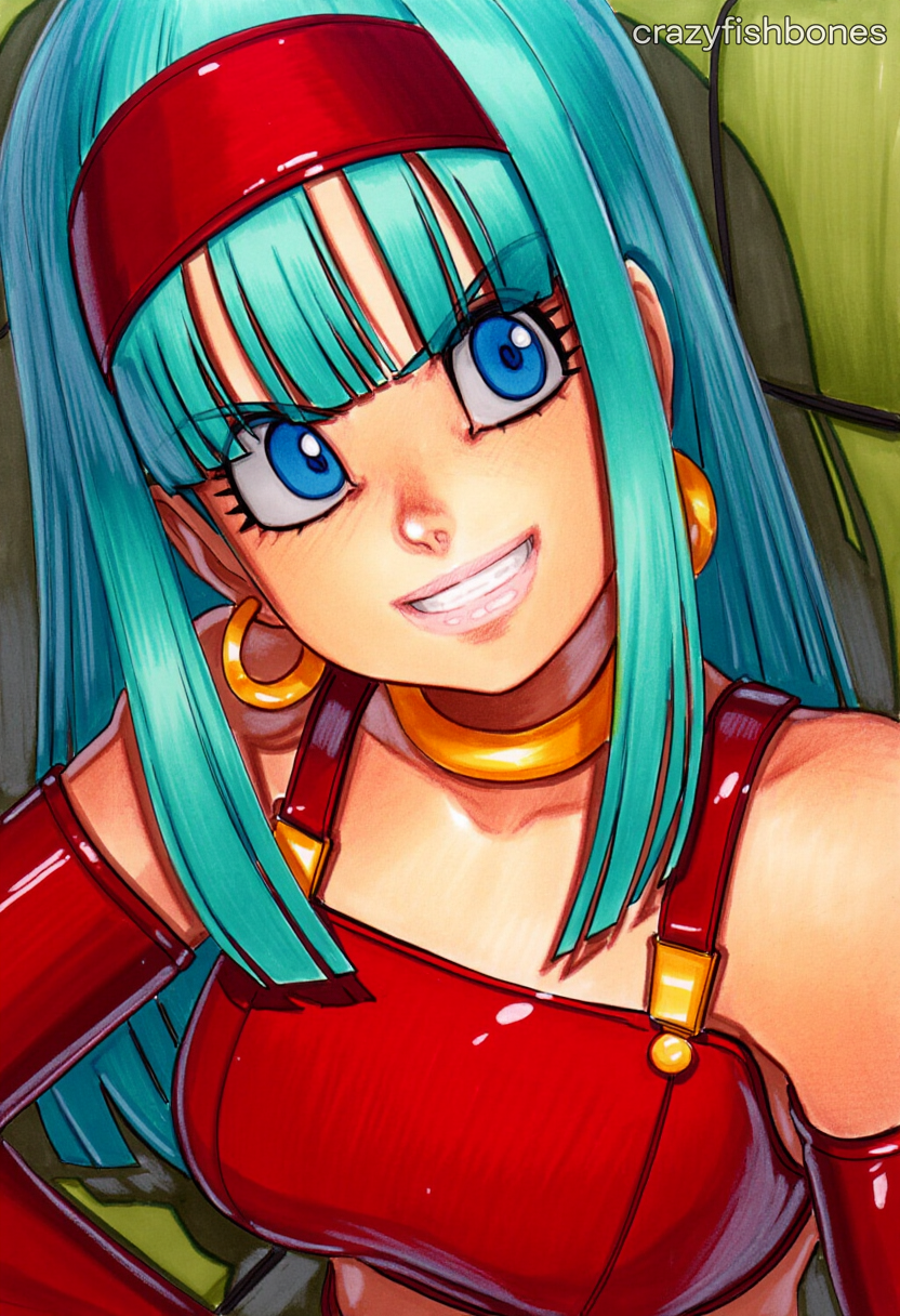 2025 ai_generated artist_name blue_eyes bra_(dragon_ball) breasts crazyfishbones earrings female hairband jewelry long_hair looking_at_viewer smile solo