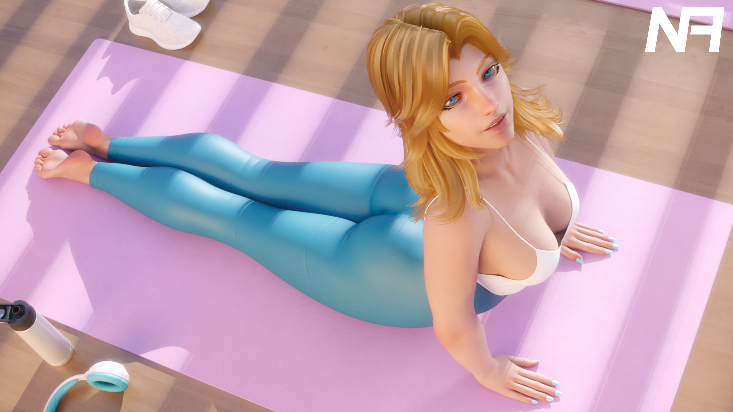 1girls, 3d, 3d (artwork), ass, blonde hair, blue nails, breasts, fantastic four, female, female only, gym, gym clothes, invisible woman, invisible woman (marvel rivals), leggings, light-skinned female, marvel, marvel rivals, nail polish, neonfantasia, render, solo, sue richards, sue storm, white nails, yoga, yoga pants