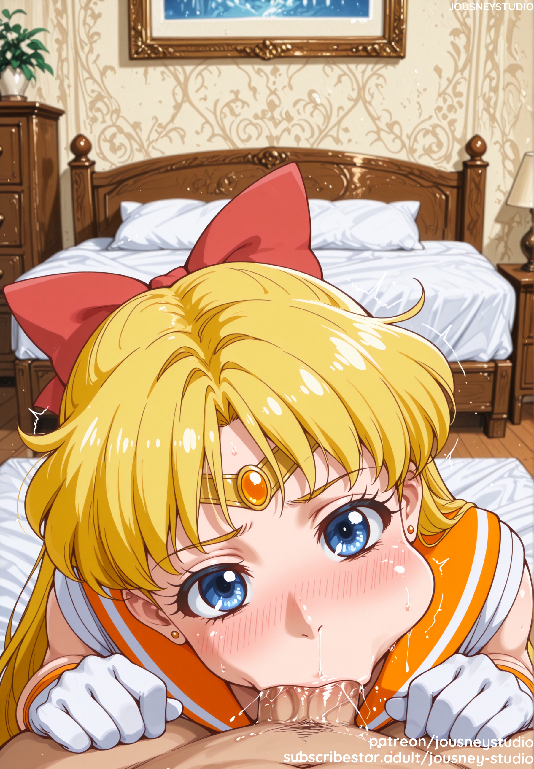 :>=, 1boy, 1girls, ai generated, bangs, bed, bishoujo senshi sailor moon, blonde hair, blowjob, blue eyes, blush, bow, breasts, circlet, clothing, deepthroat, earrings, elbow gloves, fellatio, female, gloves, hair ornament, hairbow, hetero, indoors, jewelry, jousneystudio, long hair, looking at viewer, magical girl, male, minako aino, on bed, oral, oral sex, orange sailor collar, penis, pillow, pov, pov blowjob, pov eye contact, red bow, sailor collar, sailor senshi uniform, sailor venus, saliva, semen, solo focus, straight, stud earrings, sucking, sucking penis, sweat, tiara, white gloves, window
