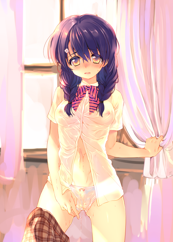 areolae blush bowtie braid breasts cameltoe curtain_grab curtains dress_shirt female hair_ornament hairclip long_hair looking_at_viewer navel nipples panties plaid plaid_skirt purple_hair school_uniform see-through shirt shokugeki_no_souma skirt skirt_around_one_leg skirt_removed solo standing tadokoro_megumi taira_kosaka tied_hair twin_braids unbuttoned underwear wet wet_clothes wet_panties white_panties white_shirt yellow_eyes