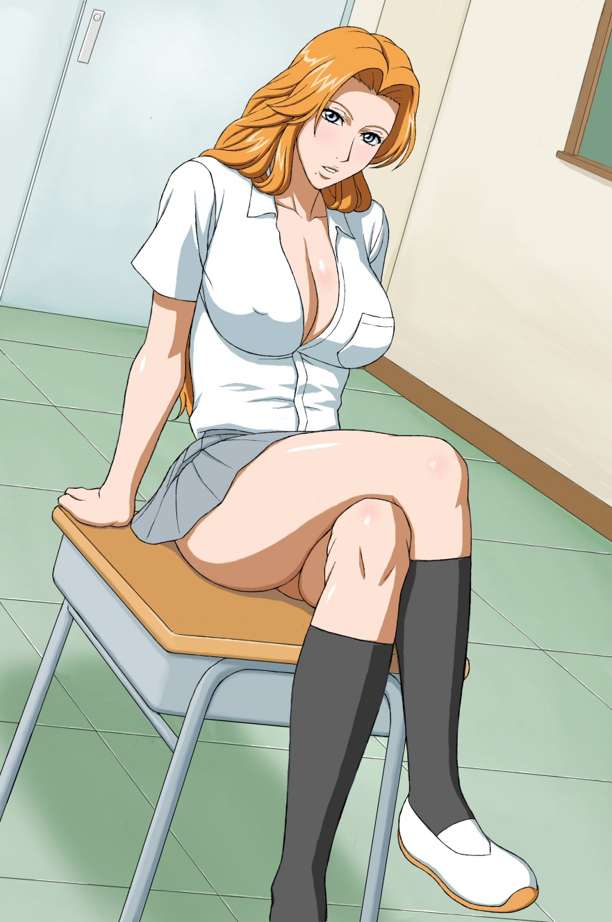 1girls arm_support beauty_mark bleach blue_eyes blush breasts cleavage crossed_legs desk erect_nipples female female_only footwear highres large_breasts legs_crossed long_hair matsumoto_rangiku miniskirt mole nipples_visible_through_clothing orange_hair school_uniform shirt sitting skirt socks solo tight_clothing white_shirt x_bokkis