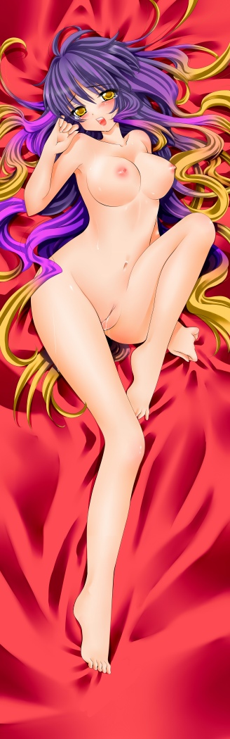 1girls barefoot blush breasts dakimakura feet female gradient_hair hijiri_byakuren king_(dakemakura) lying multicolored_hair pussy solo touhou uncensored yellow_eyes