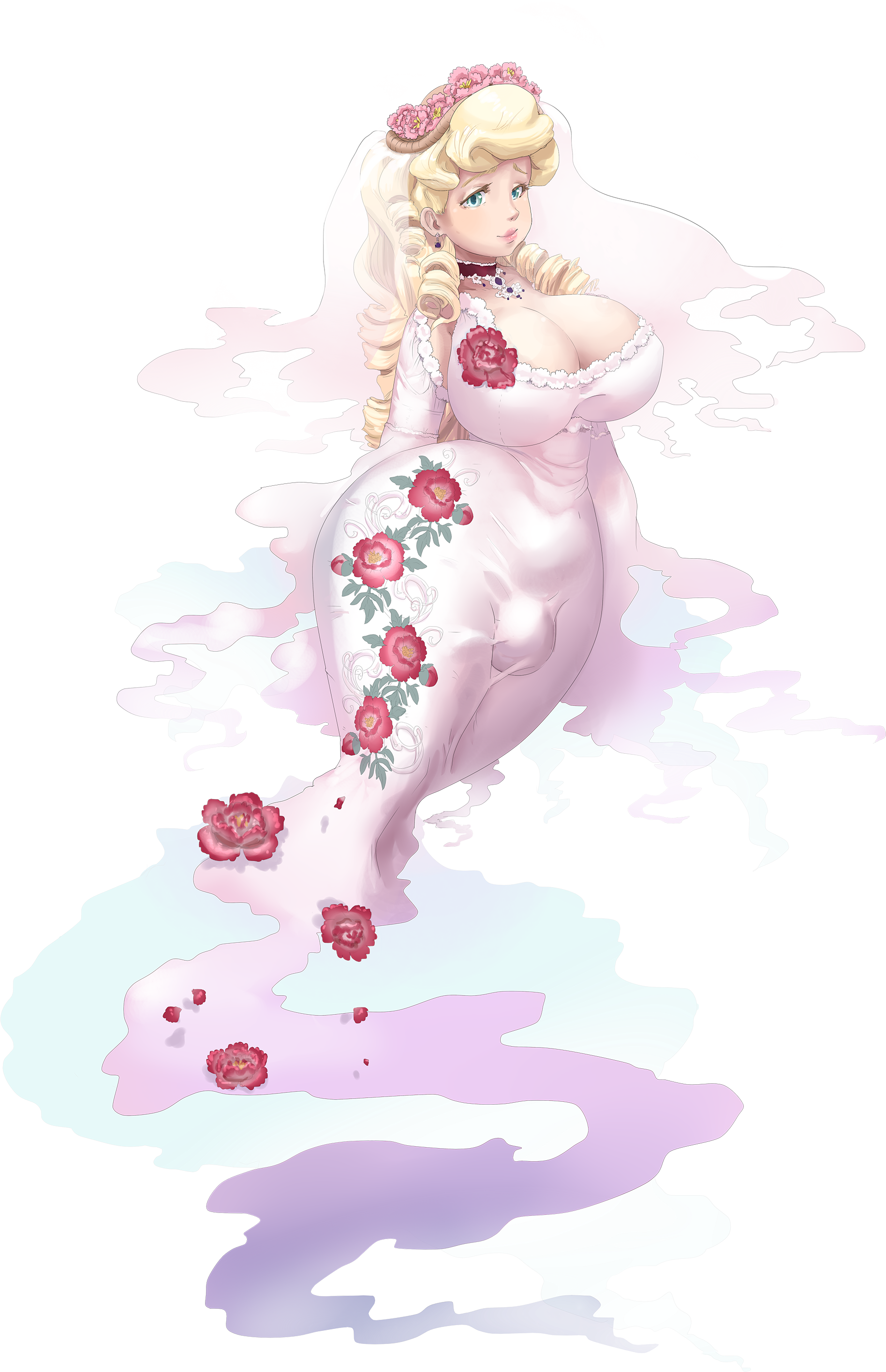 1futa, alpha channel, big breasts, big bulge, blonde, blonde hair, blue eyes, breasts, bride, bulge, cleavage, clothing, curvy, dress, flaccid, flowers, futa only, futanari, ghost, ghost (tales of androgyny), ghost tail, hourglass figure, huge breasts, intersex, lipstick, looking at viewer, majalis, penis, penis bulge, penis under clothes, penis under dress, penis under skirt, rose, roses, skirt, solo, solo futa, tales of androgyny, wedding dress, wedding veil