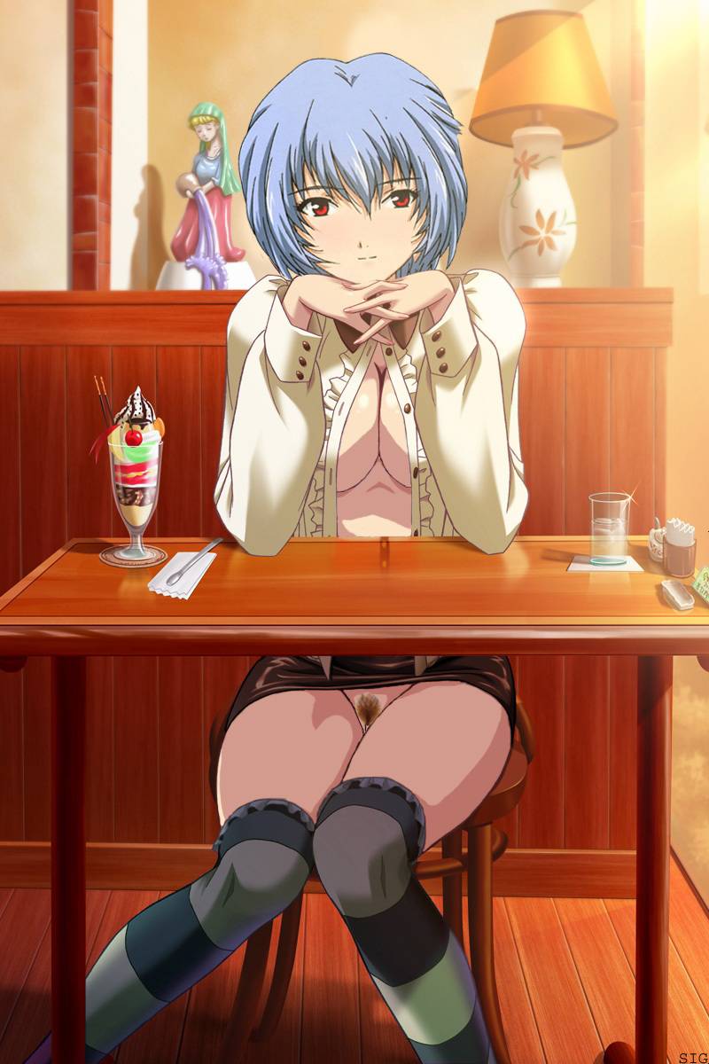 breasts casual_exposure cleavage clothing dessert exhibitionism exposed flashing food highres jpeg_artifacts kneehighs large_breasts neon_genesis_evangelion no_bra no_panties parfait photoshop pubic_hair public public_exposure public_nudity rei_ayanami skirt stockings straight_hair striped upskirt