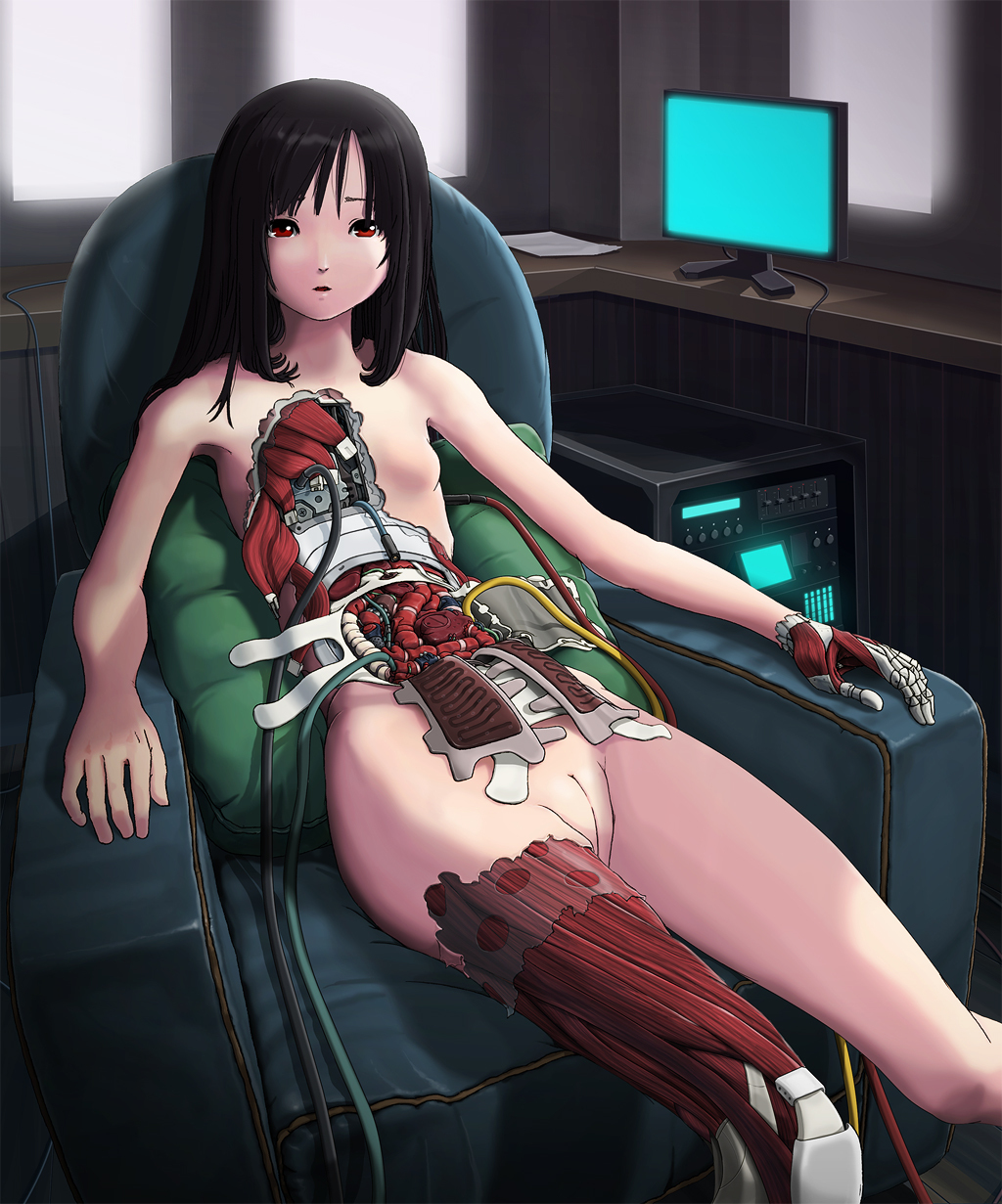 1girls android black_hair breasts cable computer couch featureless_breasts female gynoid highres long_hair looking_at_viewer machine mechabare no_nipples nude original parts_exposed pussy red_eyes robot robot_joints solo sukabu