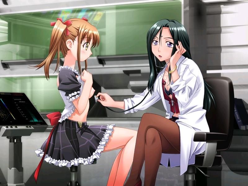 2girls black_skirt breasts circle_skirt doctor examination miniskirt multiple_girls nipples no_bra nylons pantyhose plaid_skirt pointy_chin shirt_lift sitting skirt stethoscope