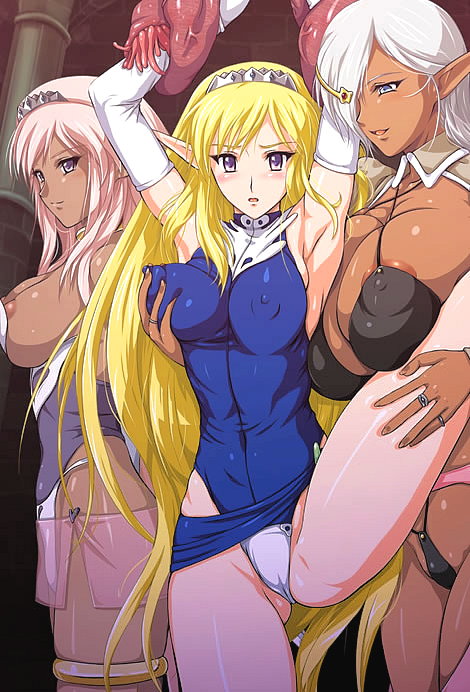 3girls areola_slip blonde_hair blush breast_grab breasts cameltoe character_request clothing dark_elf dark_skin elbow_gloves elf_hime_nina erect_nipples erect_nipples_under_clothes female female_only gloves hair_over_one_eyes jewelry large_breasts miriya multiple_girls nina_asuraato_uinviria nipple_tweak nipples panties pink_hair pointy_ears pokies ring skin_tight tentacle very_long_hair white_hair yuri zundarepon