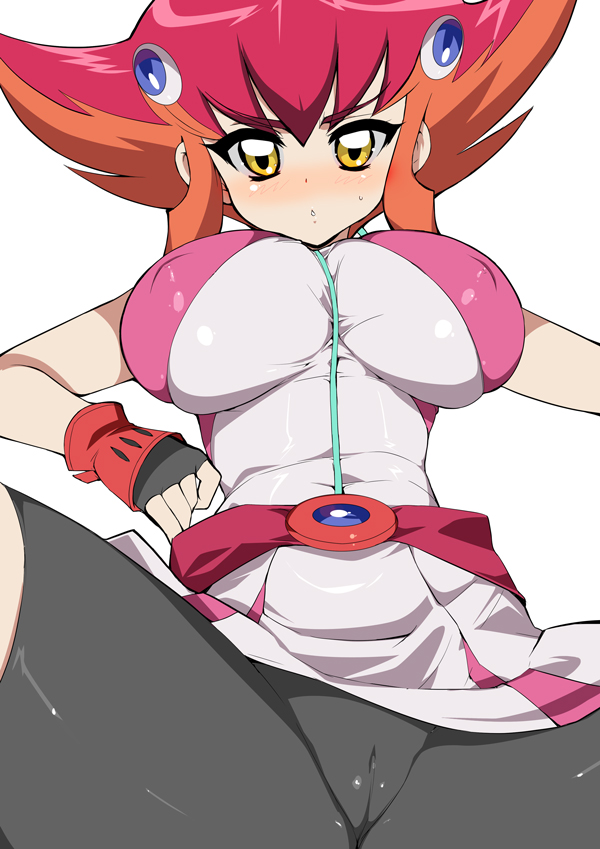 anna_kozuki artist_request belt bike_shorts blush breasts female female_only hair_ornament human kouzuki_anna large_breasts multicolored_hair orange_hair pink_hair solo utility_belt yu-gi-oh! yuu-gi-ou_zexal