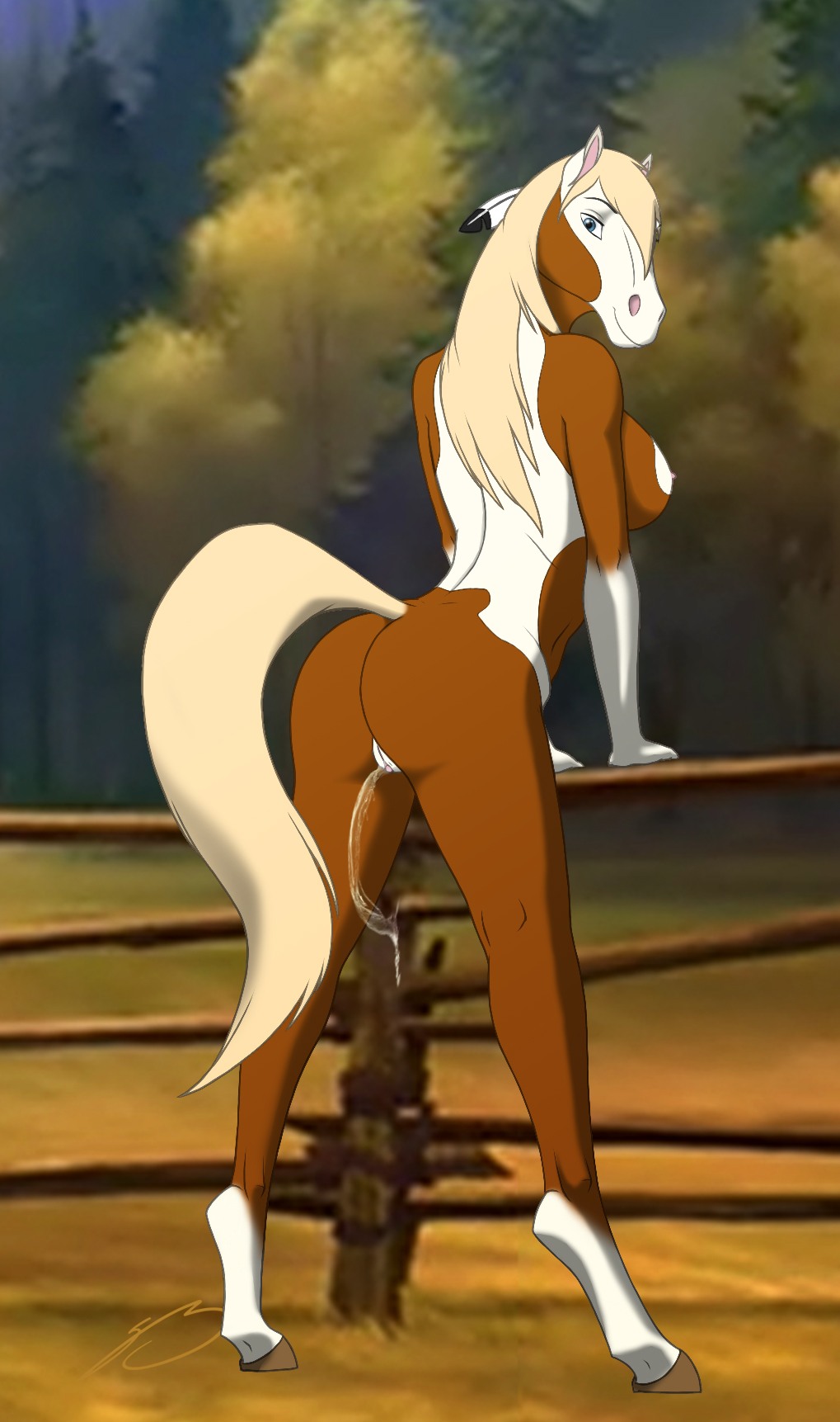 anthro ass blue_eyes breasts cum cumshot dreamworks equine feathers female fence hooves horse mammal mane nipples nude orgasm pose pussy rain_(cimarron) roary sideboob solo spirit:_stallion_of_the_cimarron