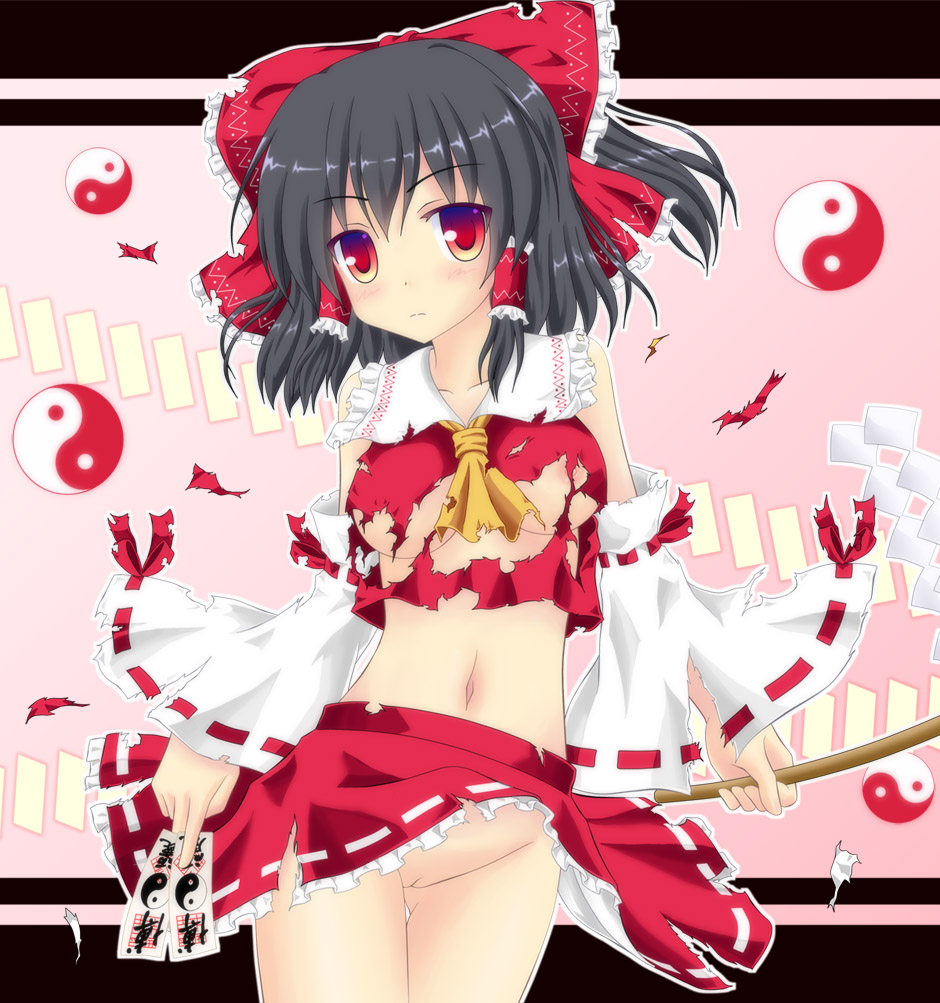 areola_slip areolae black_hair blush bow breasts detached_sleeves female female_only gohei hair_tubes hairbow human looking_at_viewer midriff navel nipples no_bra no_panties noveske_n4 ofuda pussy red_eyes reimu_hakurei short_hair skirt skirt_lift solo torn_clothes touhou uncensored yin_yang