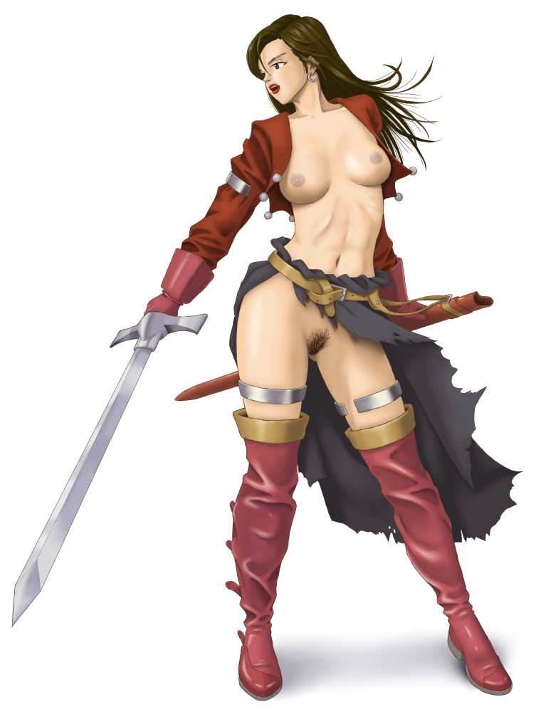 1girls aira breasts brown_hair clothing dragon_quest dragon_quest_vii earrings female irotsuya jewelry light-skinned_female light_skin long_hair medium_breasts nipples pubic_hair pussy solo source_request sword thighs weapon