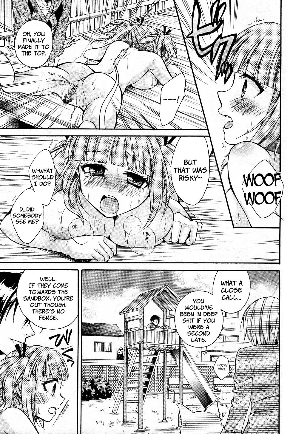 all_fours ass blush comic dog_collar dog_leash extreme_content humiliation like_a_dog monochrome nude oppai public_nudity slider text tied_hair translated tsubakiya_meguru twintails vagina