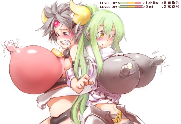 2girls armor arms_linked back_to_back belly blush breasts brown_eyes confused cowbell erect_nipples female green_hair horns huge_breasts inflation lactation lactation_through_clothes milk milk_squirt milking moo_bitch multiple_girls navel nipples open_mouth oppai sachito silver_hair surprised syringe women_livestock worried yellow_eyes